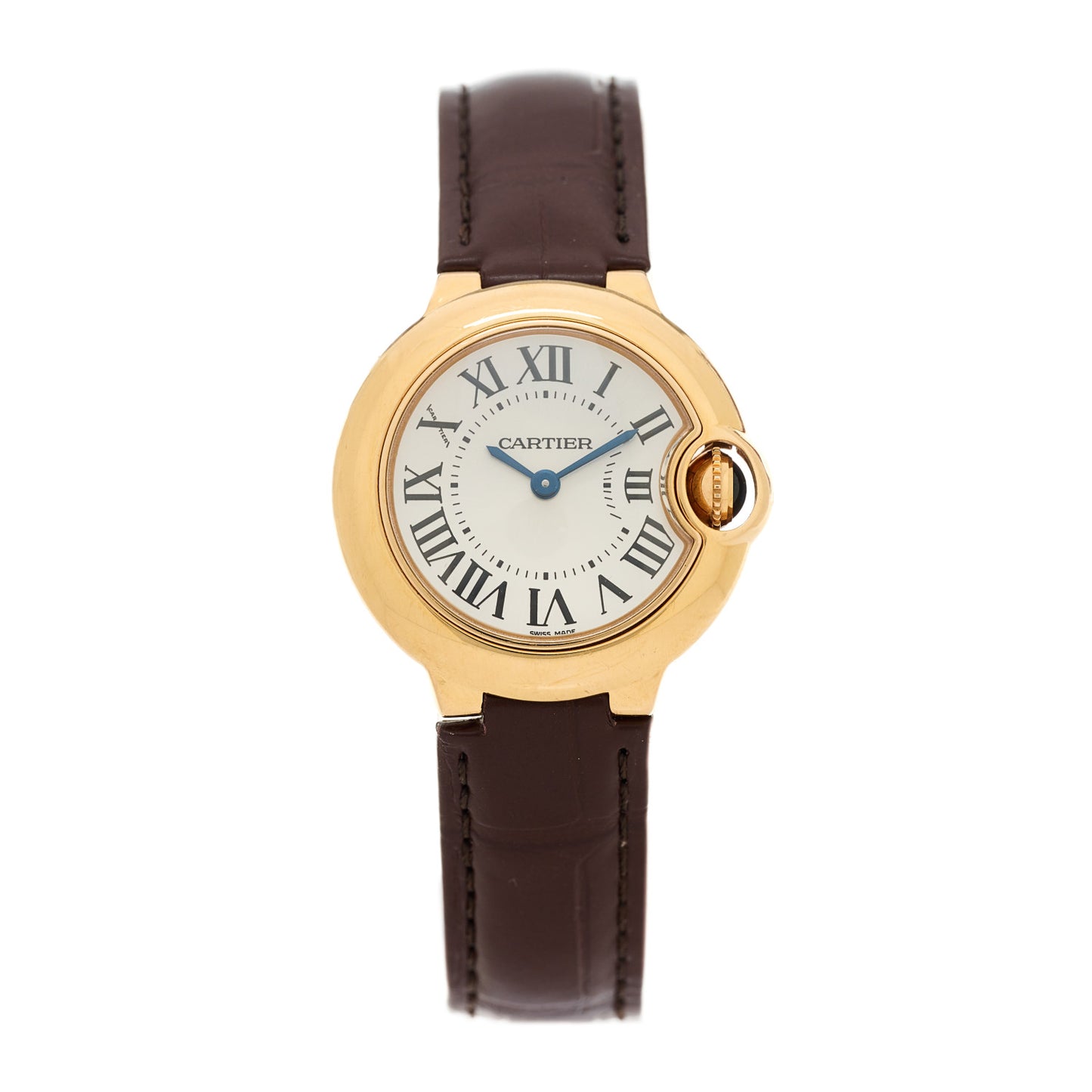 18K Pink Gold Alligator 28mm Ballon Bleu De Cartier Quartz Watch Brown