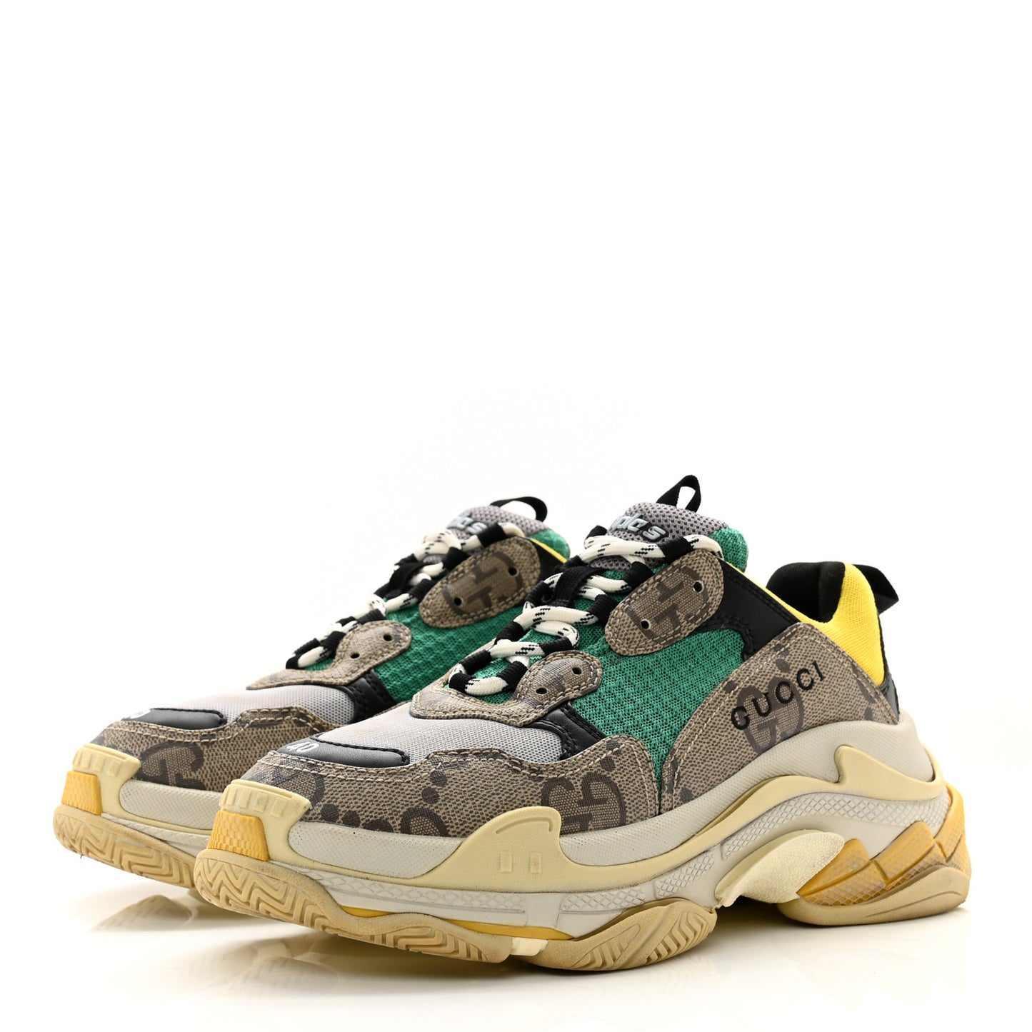 X GUCCI Maxi GG Supreme Monogram Womens Triple S Sneakers 40 Beige Ebony Black Green