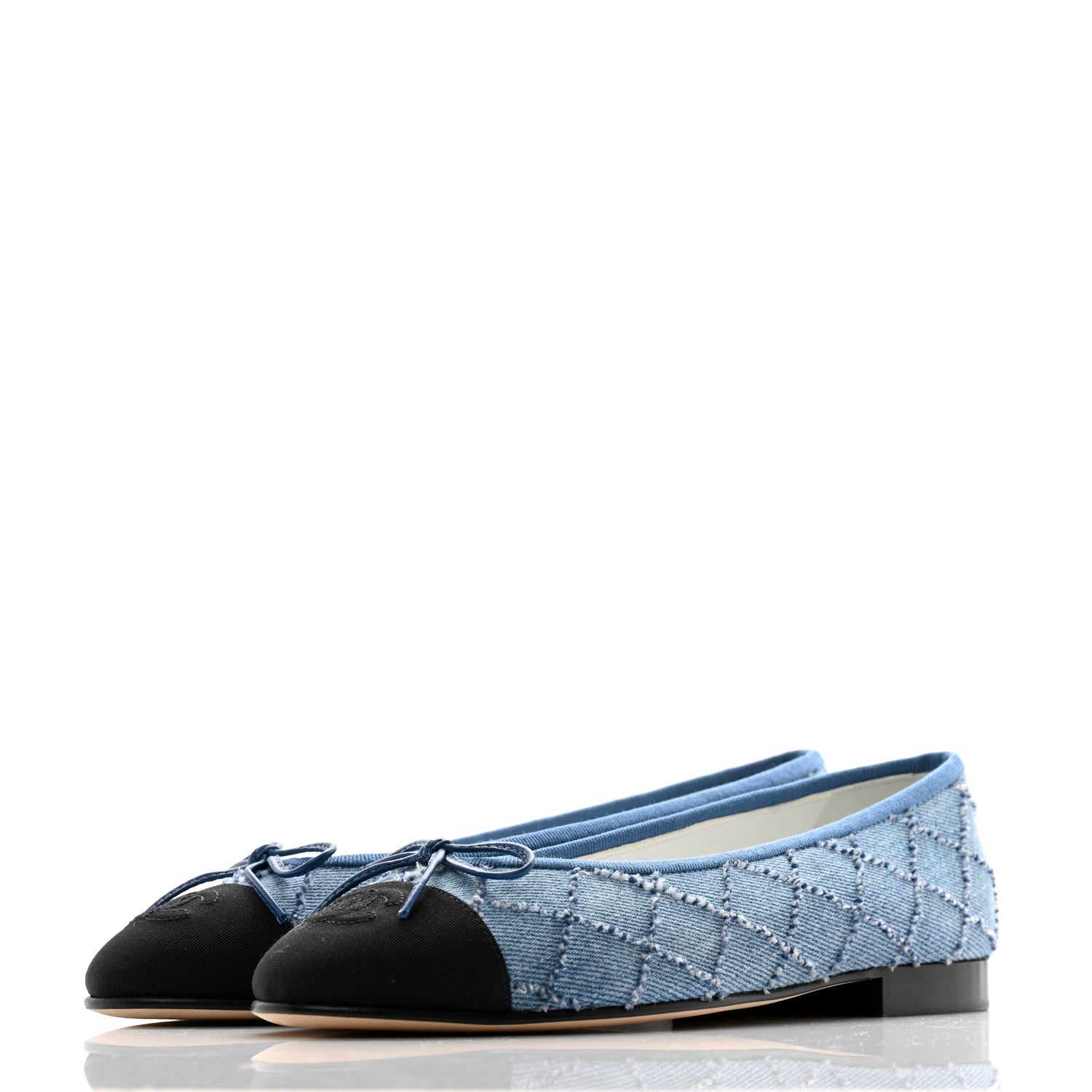 Chanel Denim Embroidered Grosgrain CC Cap Toe Ballerina Flats 37 Blue Black 3 of 10