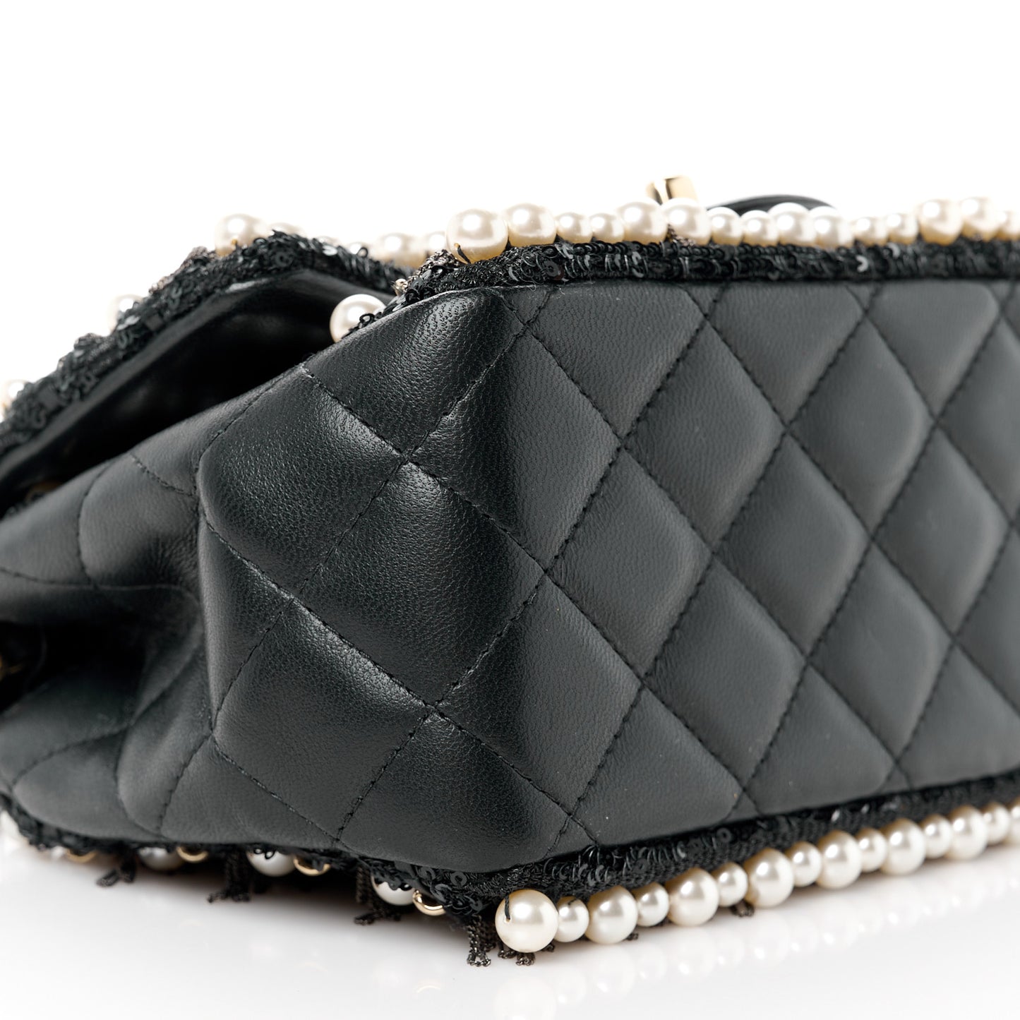 Lambskin Sequin Pearl Chain Fringe Mini Flap Black