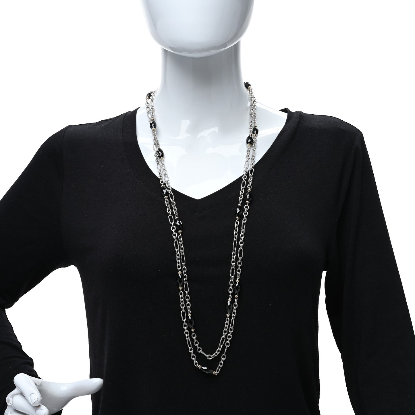 Sterling Silver 18K Yellow Gold Black Onyx Figaro Chain Necklace 72"
