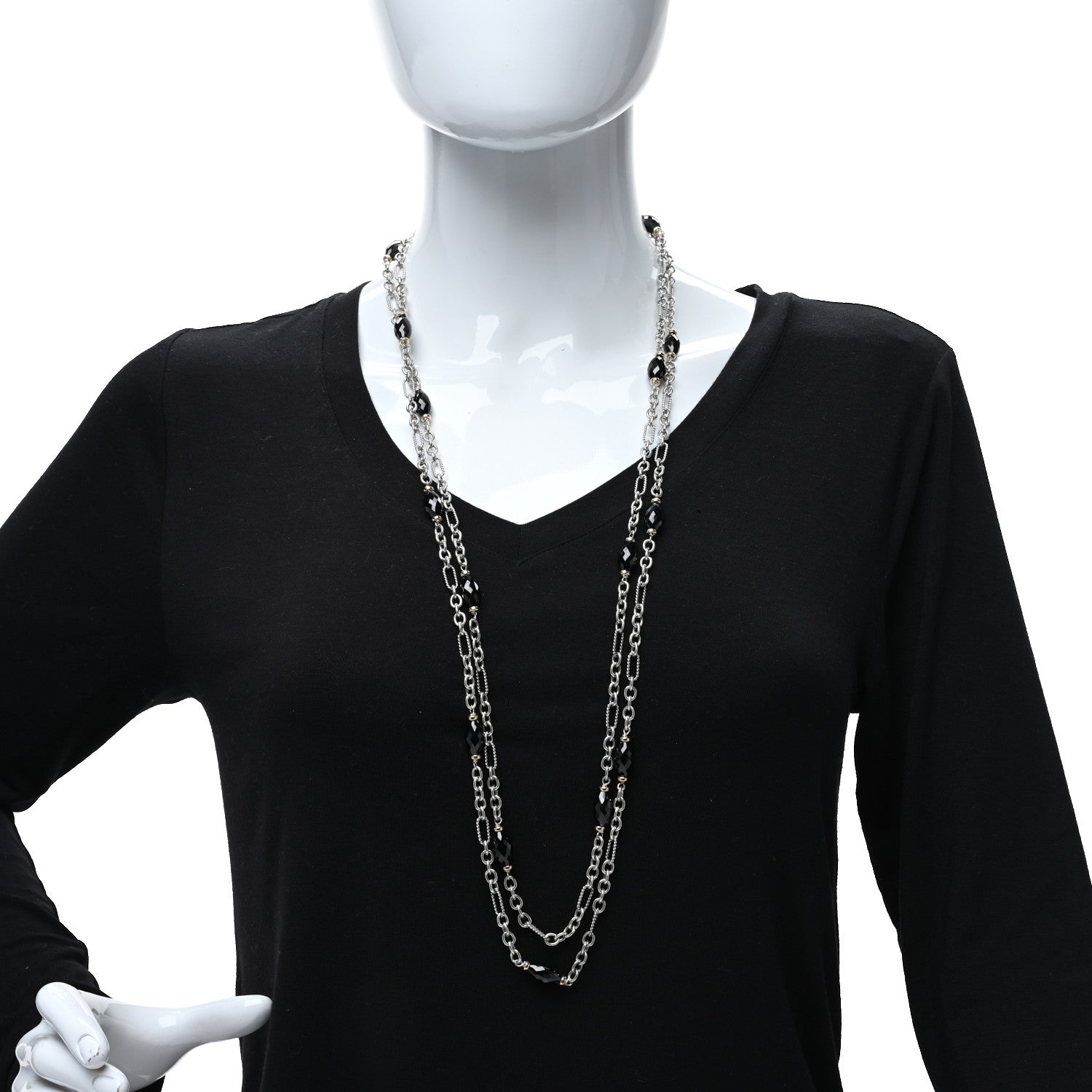 David Yurman Sterling Silver 18K Yellow Gold Black Onyx Figaro Chain Necklace 72" 3 of 5