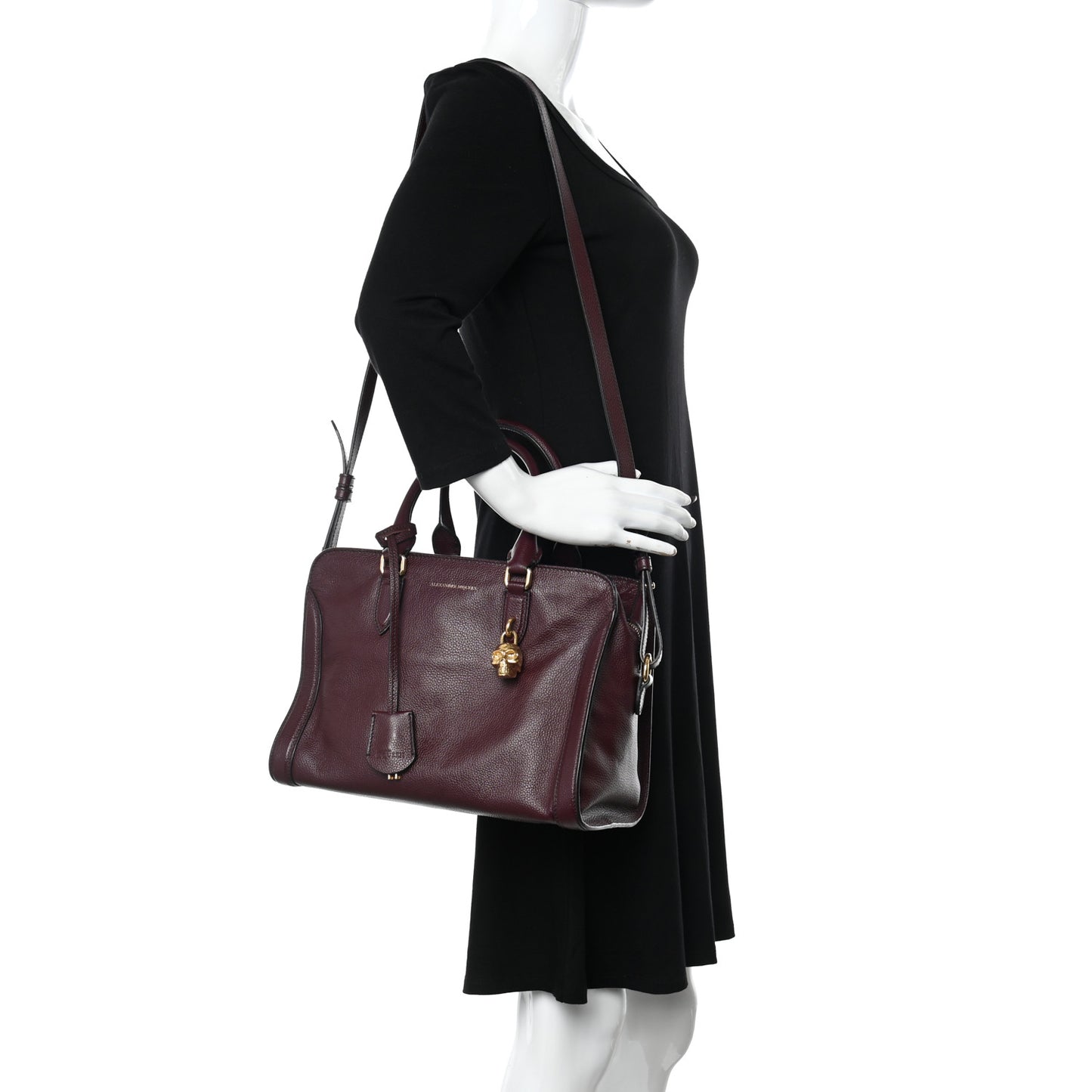 Pebbled Calfskin Small Skull Padlock Zip Around Tote Burgundy