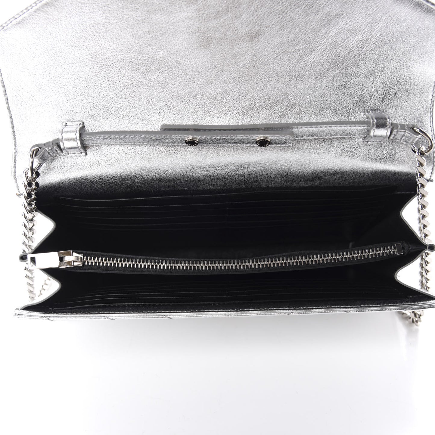 Metallic Lambskin Matelasse Chevron Monogram Chain Wallet Argento