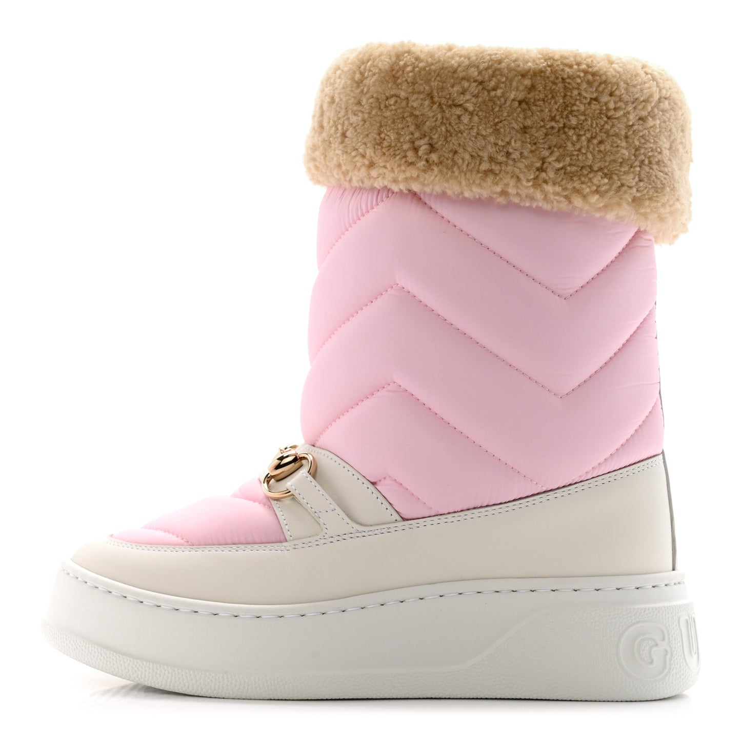 Calfskin Matelasse Shearling Horsebit Snow Boots 34 Pink White