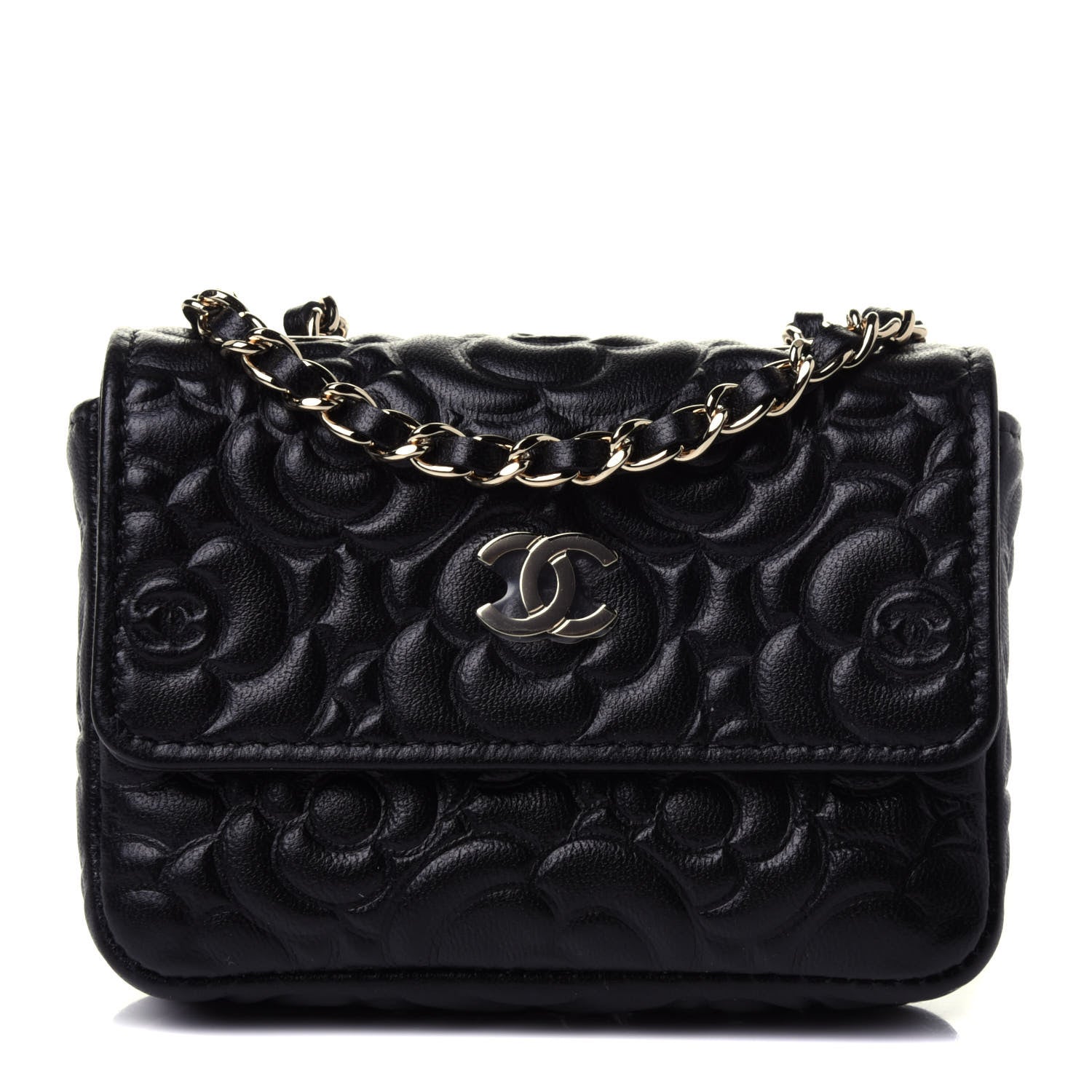 Chanel Lambskin Camellia Embossed Chain Belt Bag Black 760049
