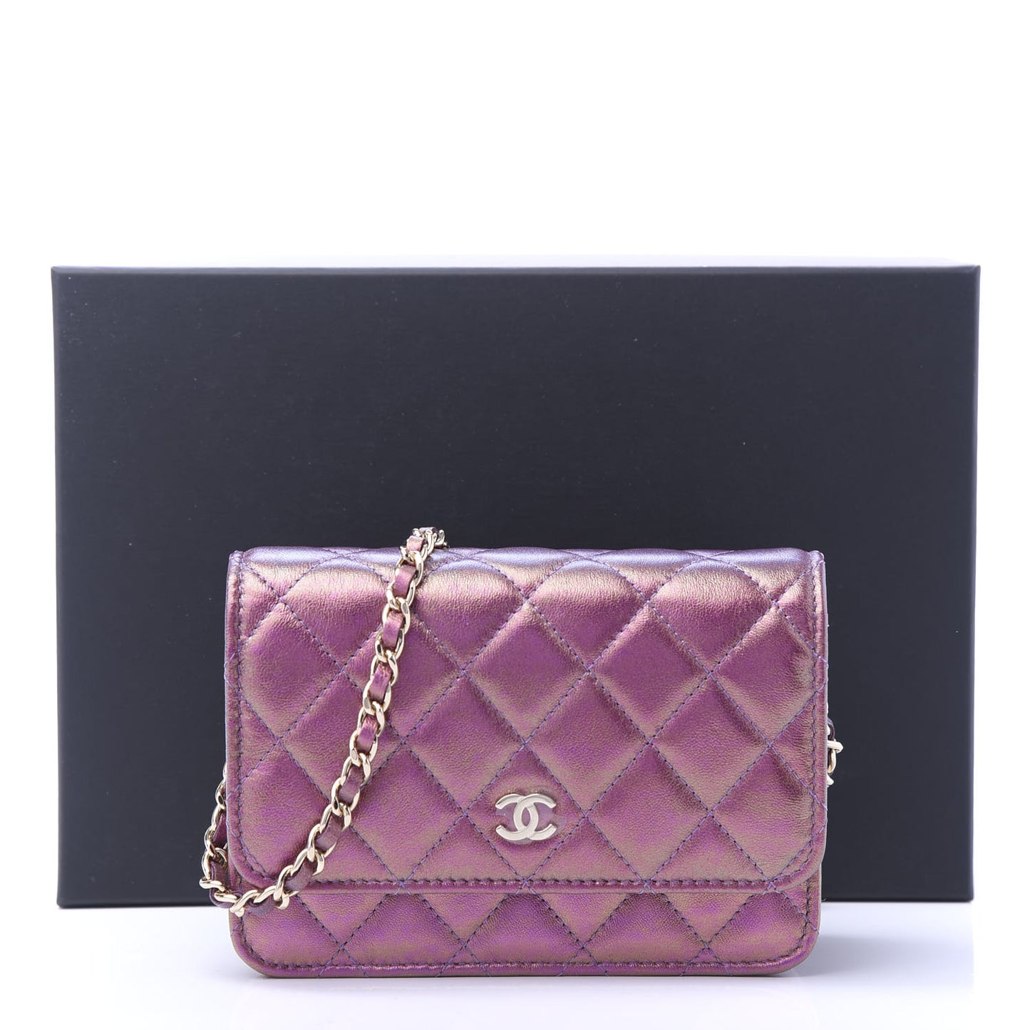 Iridescent Lambskin Quilted Mini Wallet On Chain WOC Purple