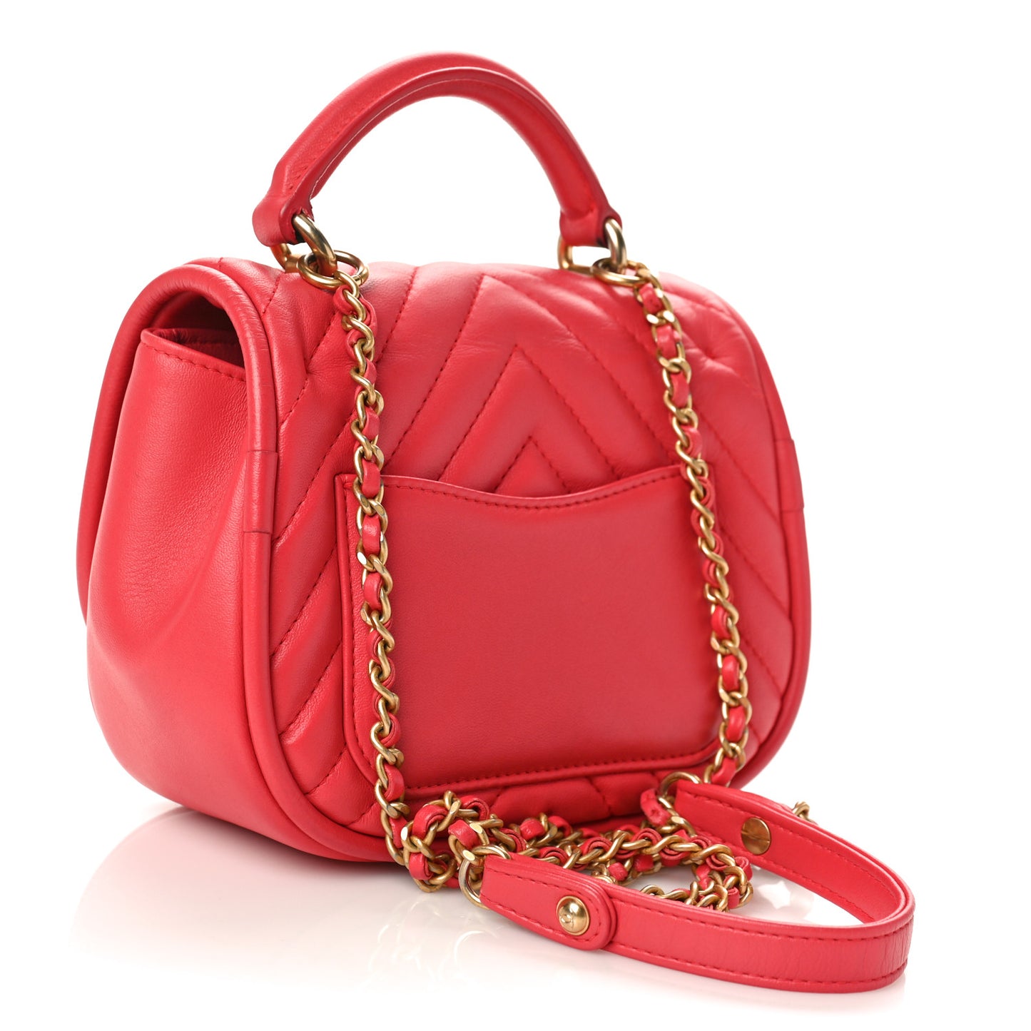 Lambskin Reverse Chevron Quilted Mini Round Top Handle Flap Bright Pink