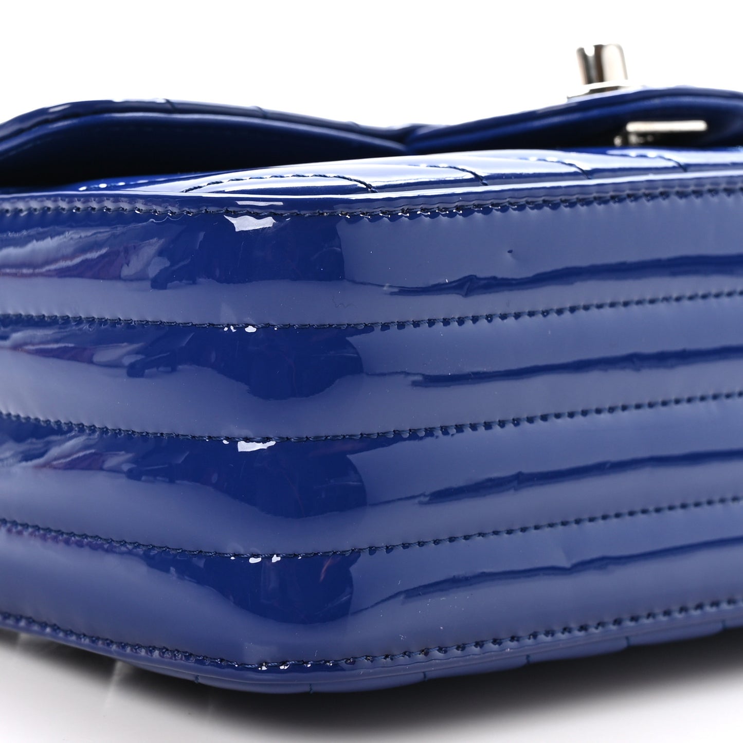 Patent Calfskin Chevron Quilted Mini Rectangular Flap Blue