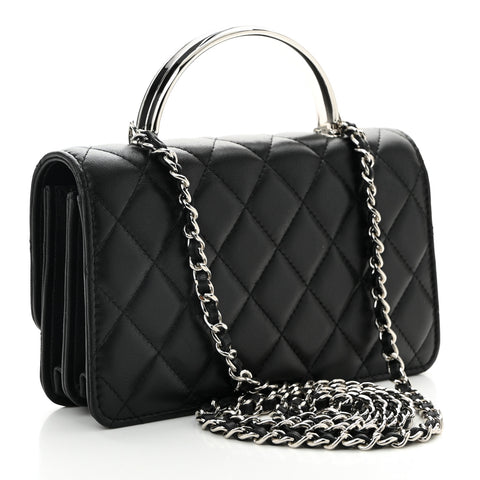 Lambskin Quilted Metal Top Handle Crossbody Flap Black