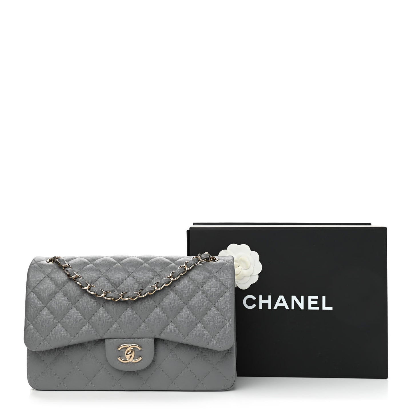 Caviar Quilted Jumbo Double Flap Grey