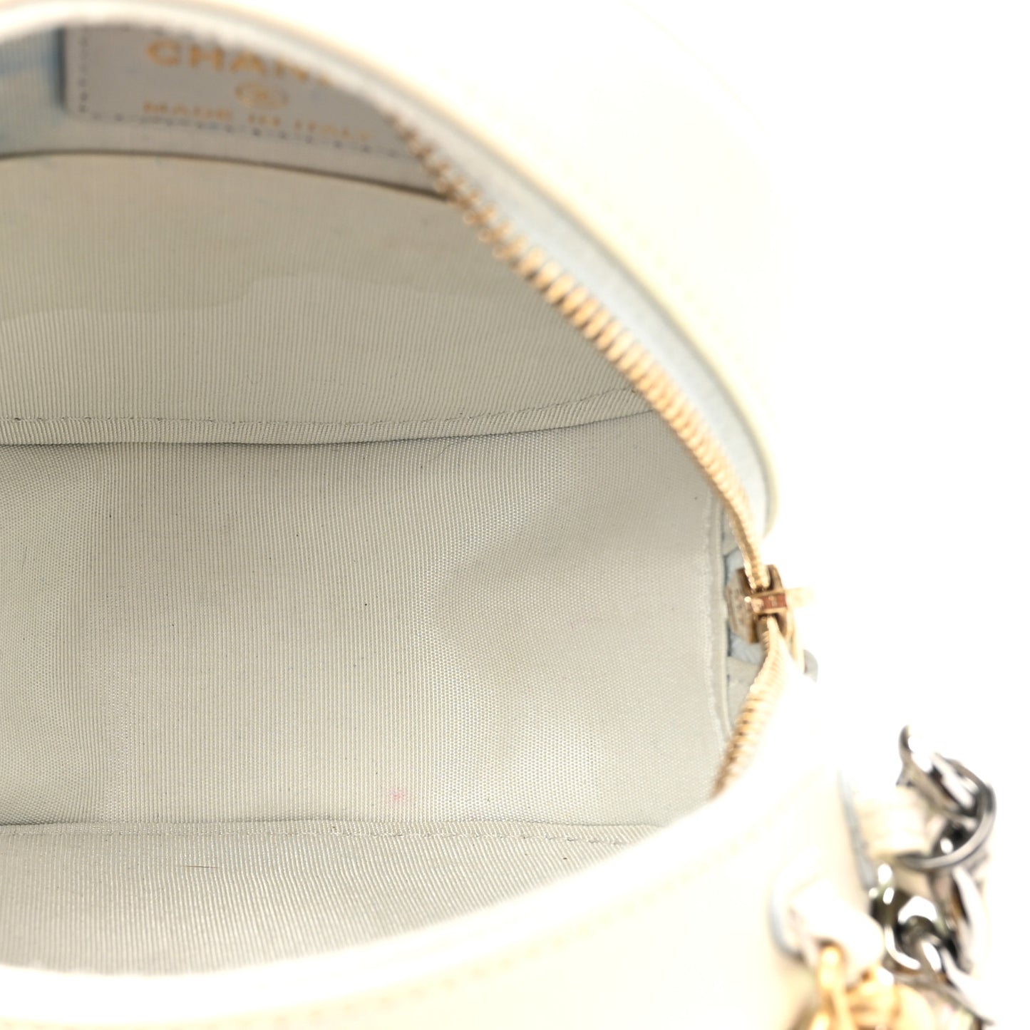 Iridescent Calfskin Quilted Chanel 19 Round Clutch With Chain White