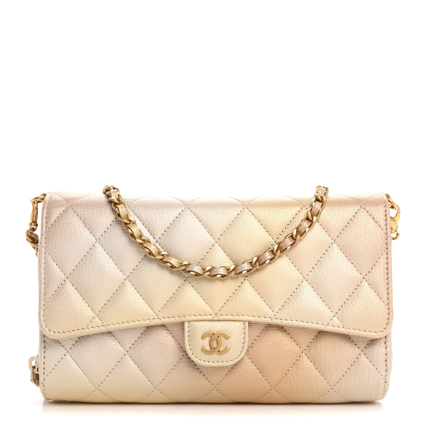 Metallic Goatskin Quilted Phone Holder Wallet on Removable Chain Gold