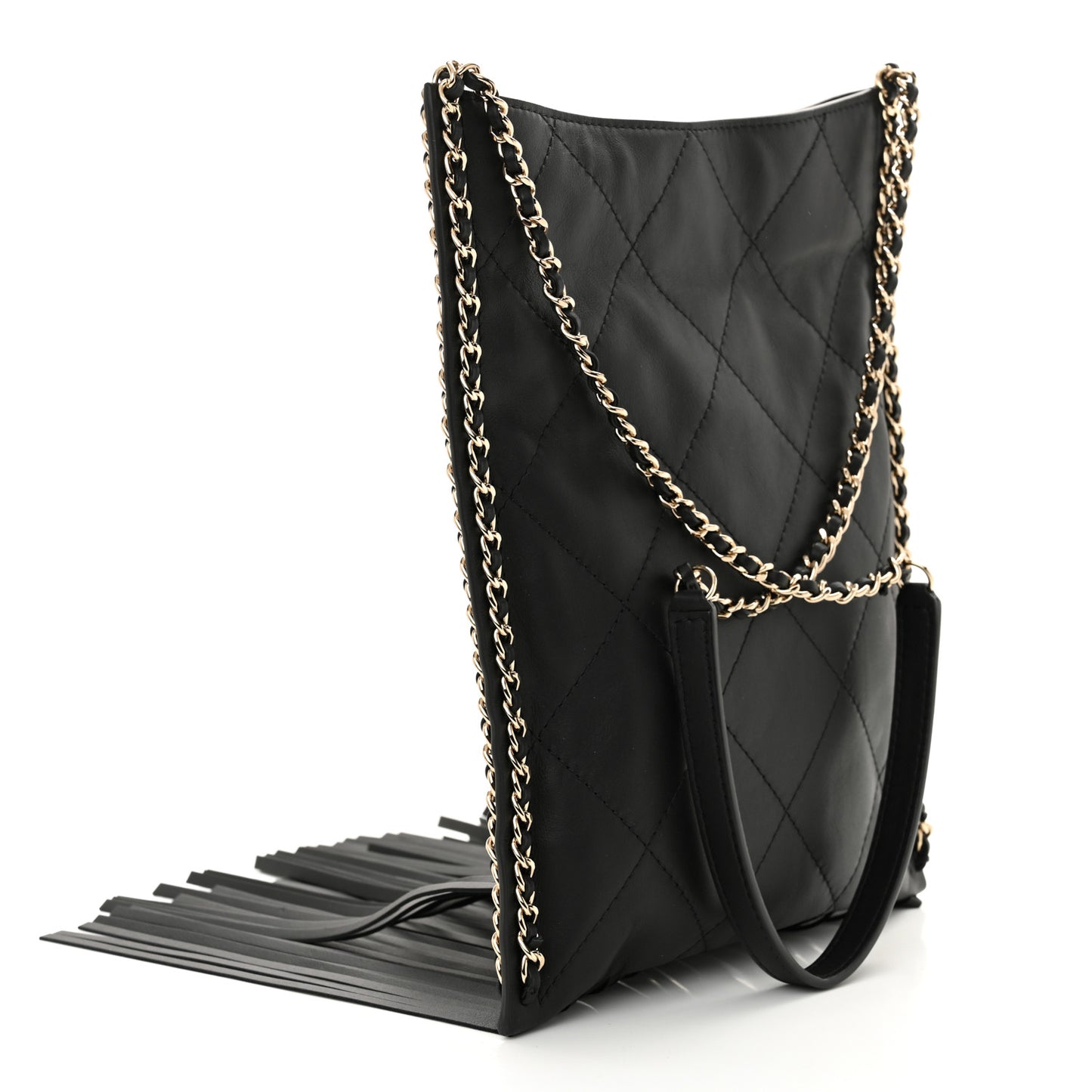 Calfskin Quilted Fringe Small Shopping Bag Black