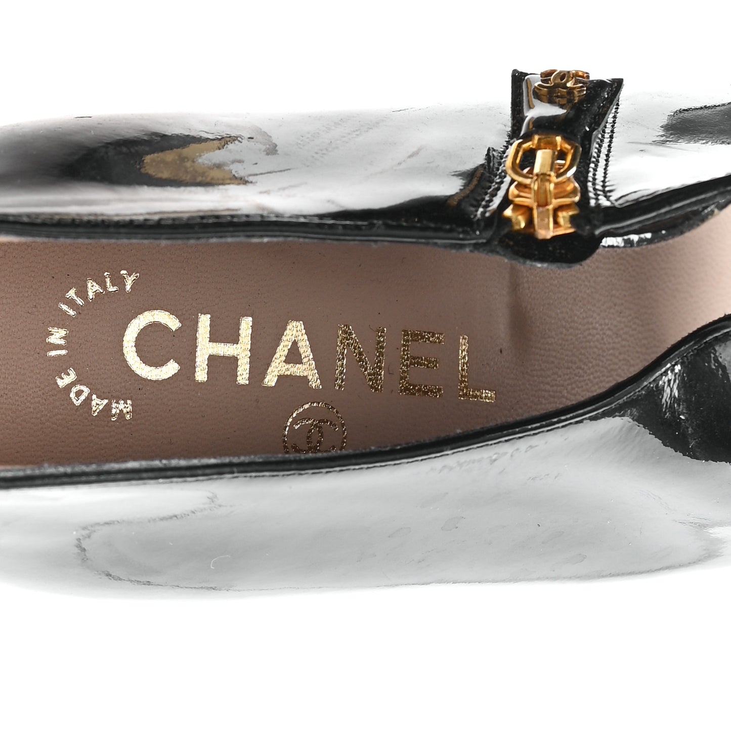 Patent Calfskin Peep Toe Short Ankle Boots 41 Black Gold