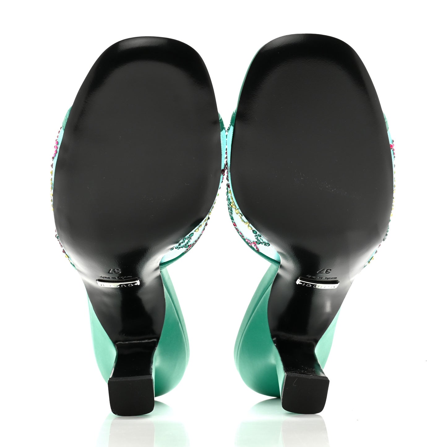 Tela Retino Nappa Crystal GG Monogram Square G 95mm Slide Sandals 37 Turquoise