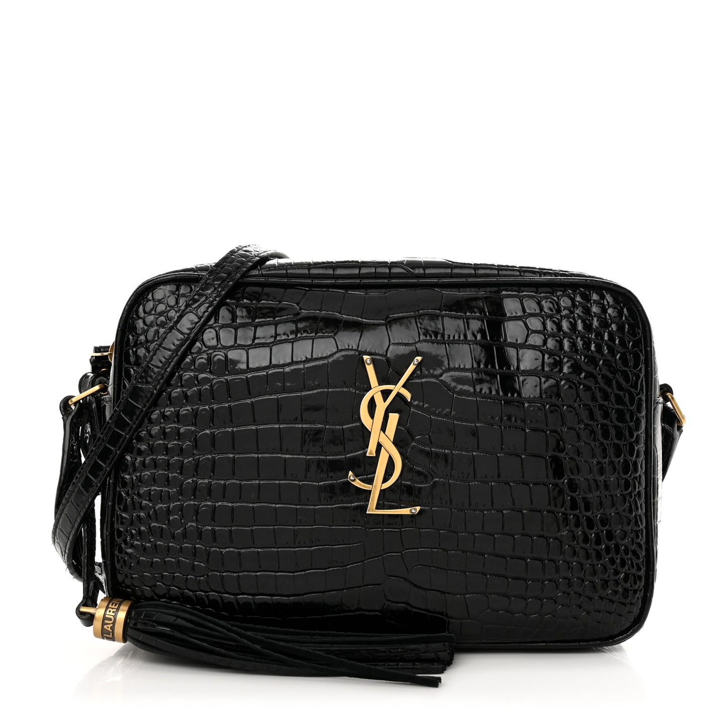 Patent Calfskin Crocodile Embossed Monogram Lou Camera Bag Black