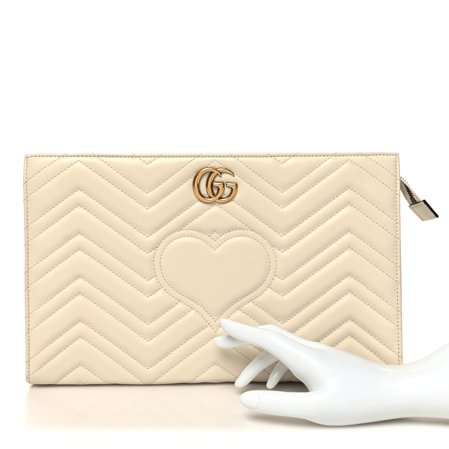 Calfskin Matelasse Chevron Heart GG Marmont Clutch Mystic White