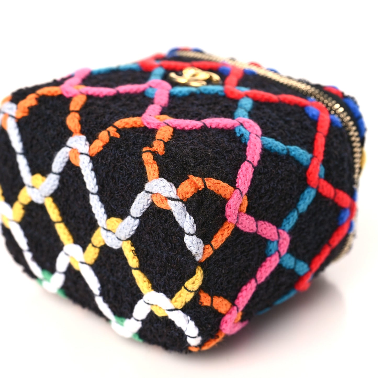 Tweed Diamond Threaded CC Pearl Crush Mini Vanity Case With Chain Black Multicolor
