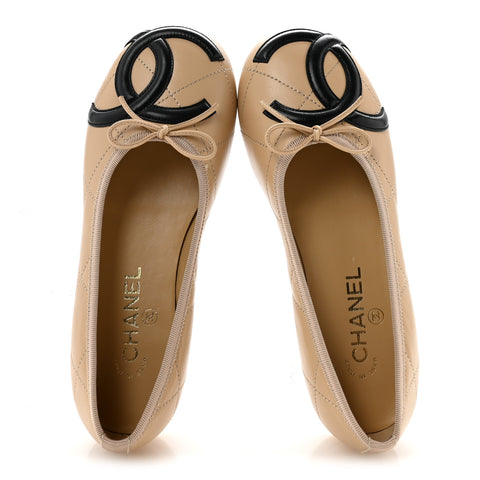 Lambskin Quilted CC Cambon Ballet Flats 38 Beige Black