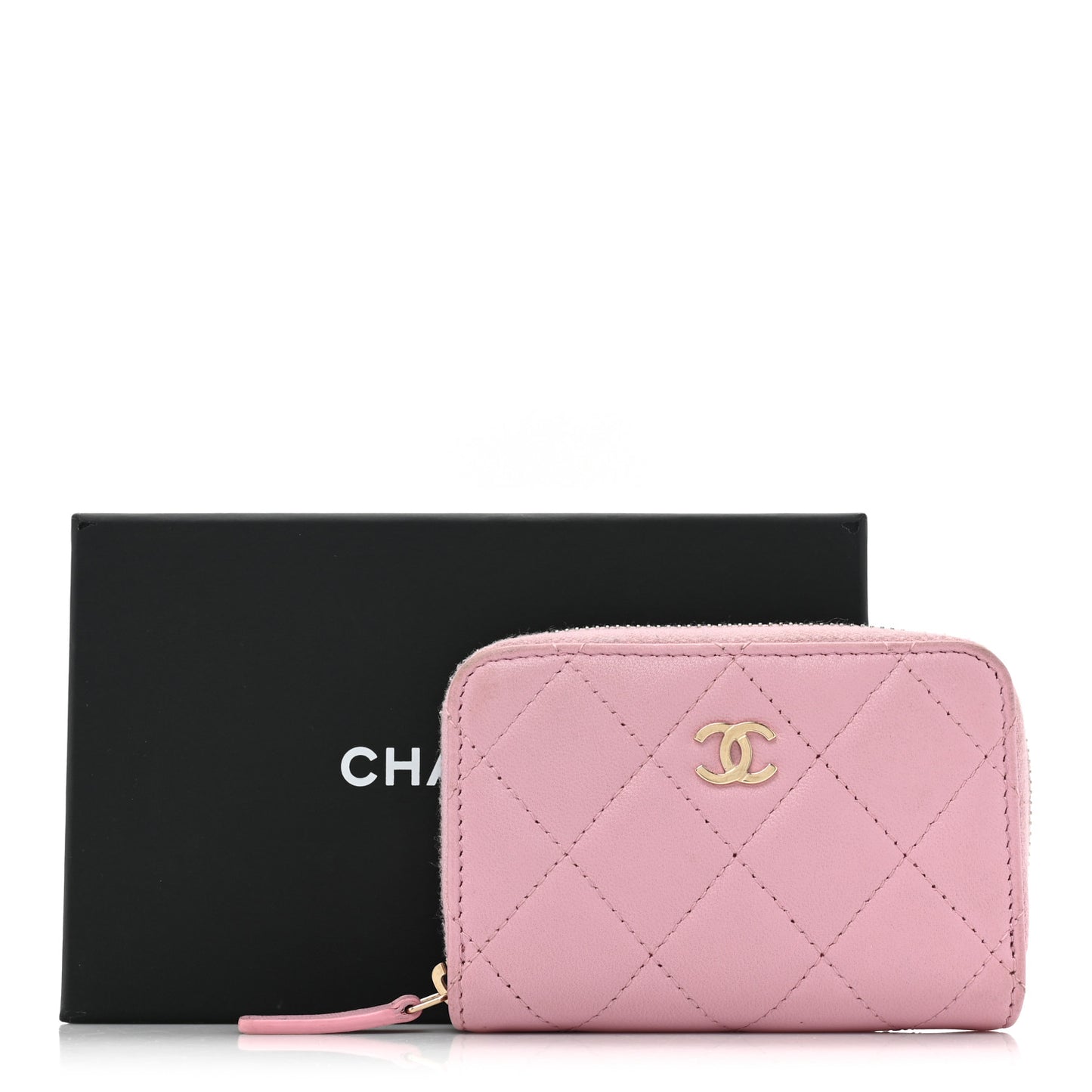 Iridescent Calfskin Quilted Zip Coin Purse Wallet Light Pink