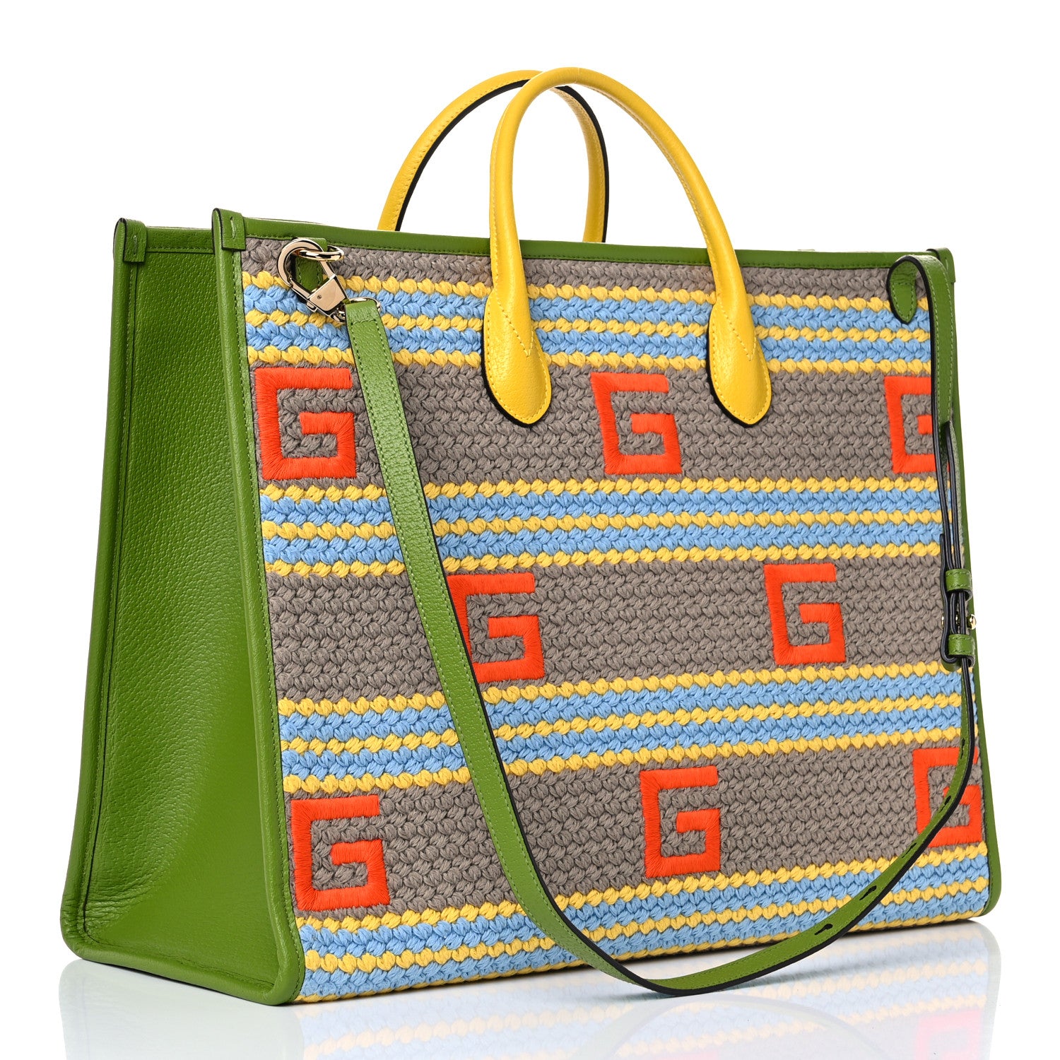 Gucci Fabric Embroidered Square G Forte Dei Marmi Striped Tote Bag Green Yellow 3 of 13