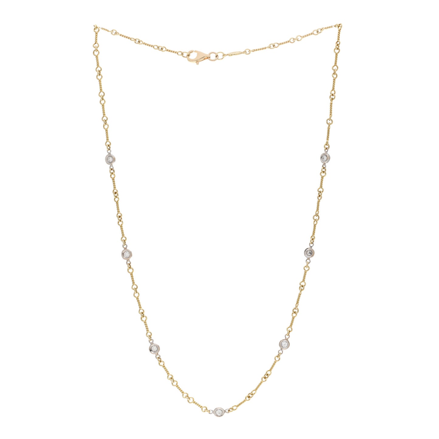 18K Yellow White Gold Diamond By the Inch Seven Station Dog Bone Necklace