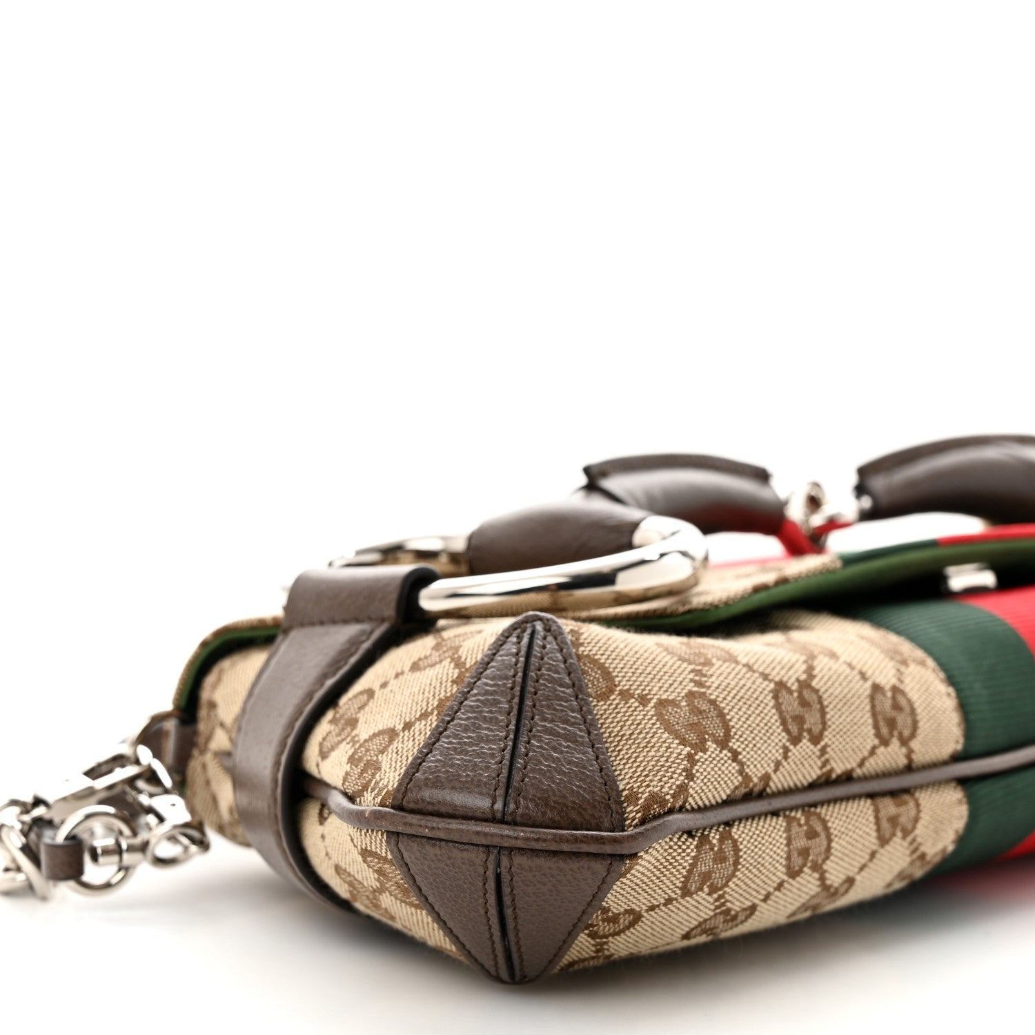 Gucci Monogram Textured Dollar Calfskin Heavy Grosgrain Web Medium Maxi Horsebit Chain Shoulder Bag Beige Ebony New Acero 9 of 11