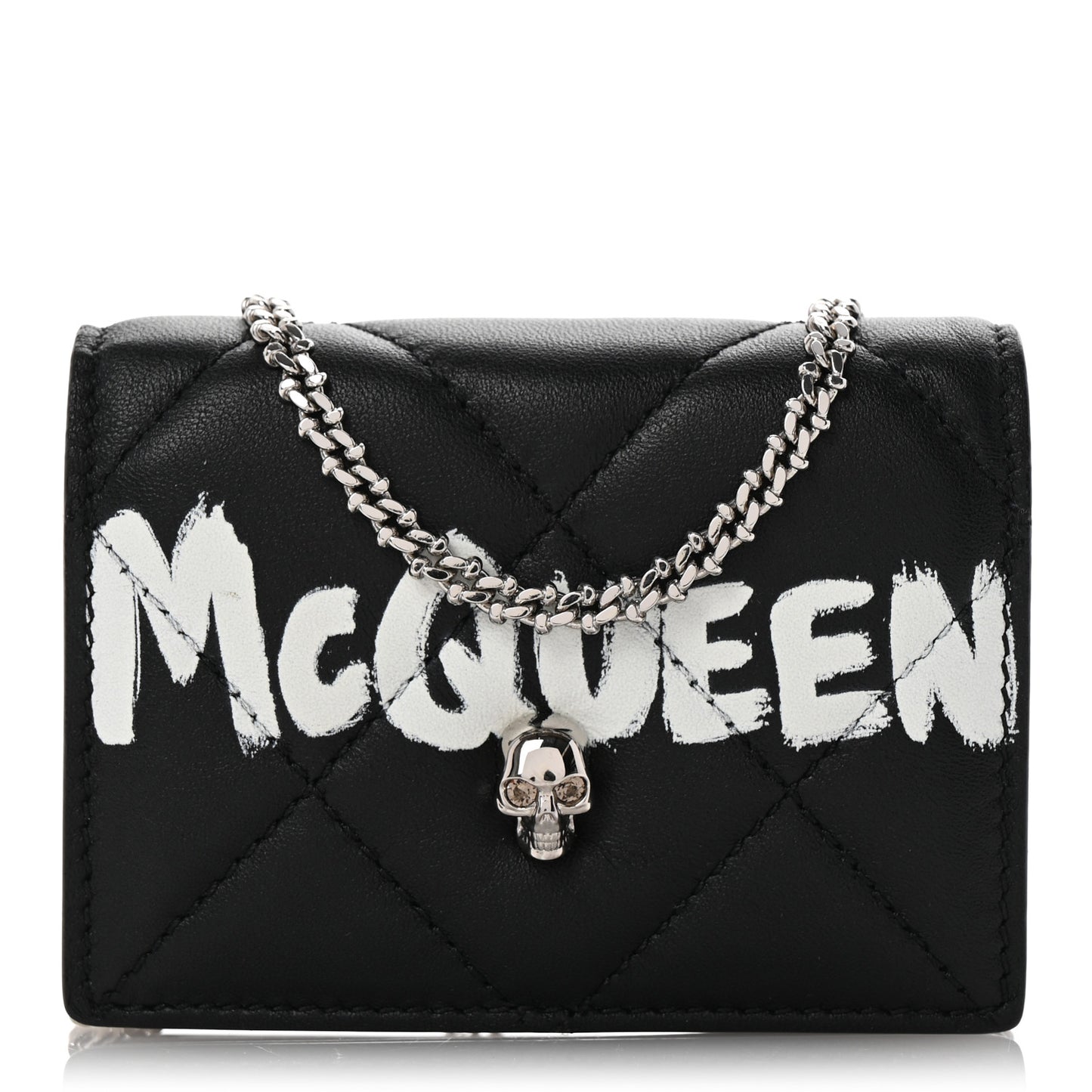 Nappa Graffiti Quilted Graffiti Skull Card Holder on Chain Black White