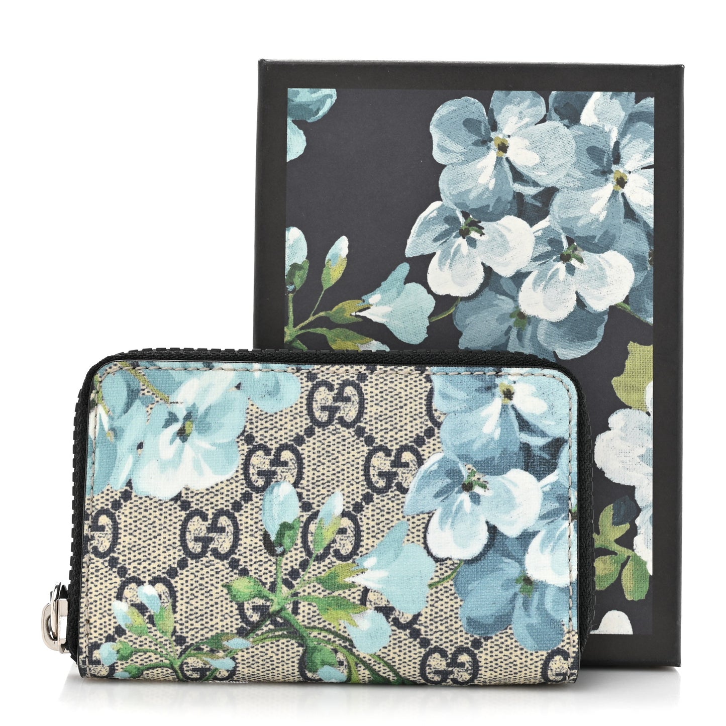 GG Supreme Monogram Blooms Zip Around Card Case Wallet Beige Blue Navy