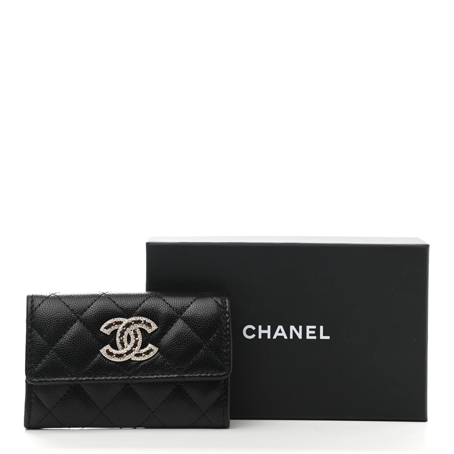 Caviar Quilted Crystal CC Flap Card Holder Black