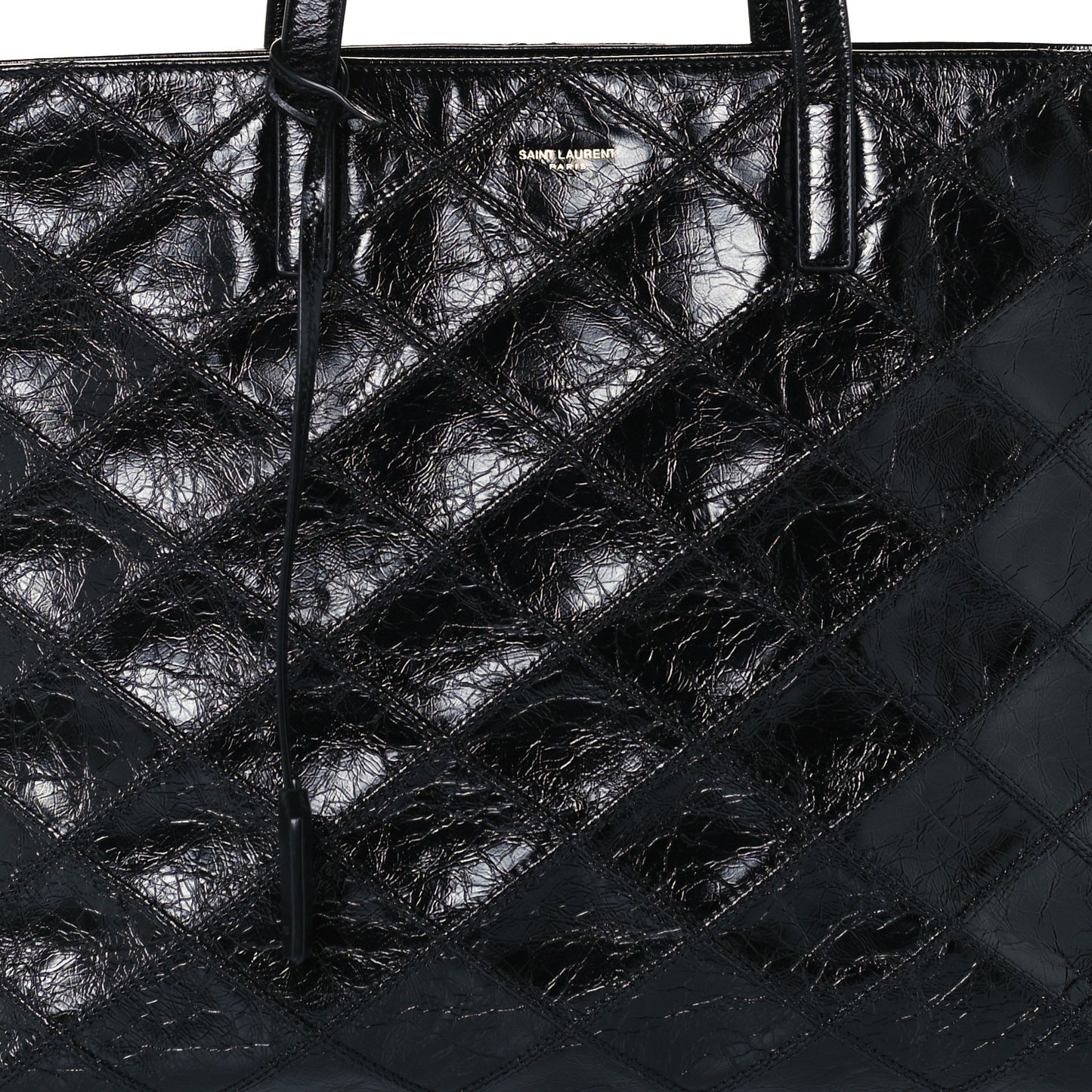 Crinkled Calfskin Quilted East West Shopping Tote Black