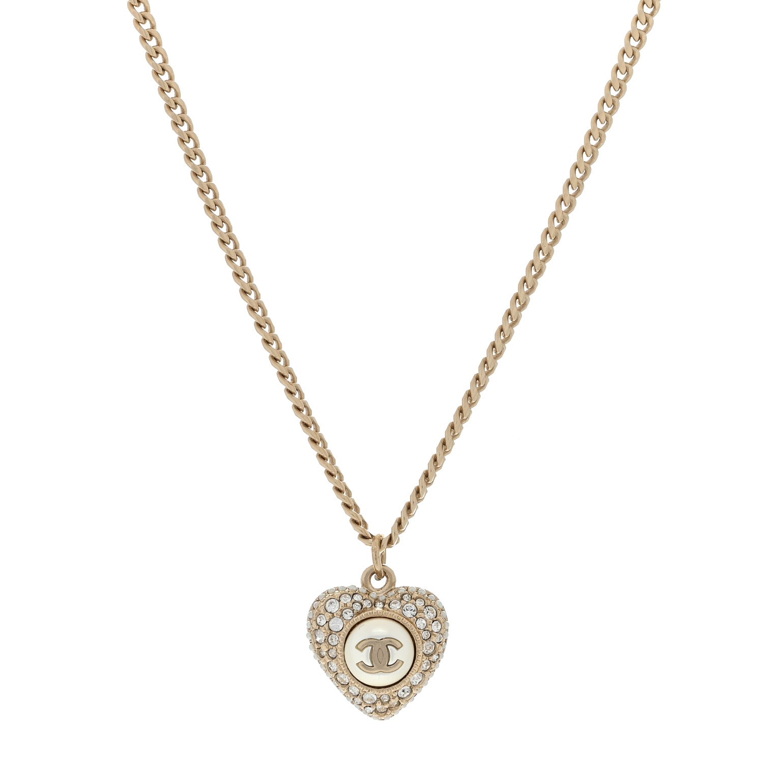 Chanel Crystal Pearl CC Heart Necklace Gold 1 of 3