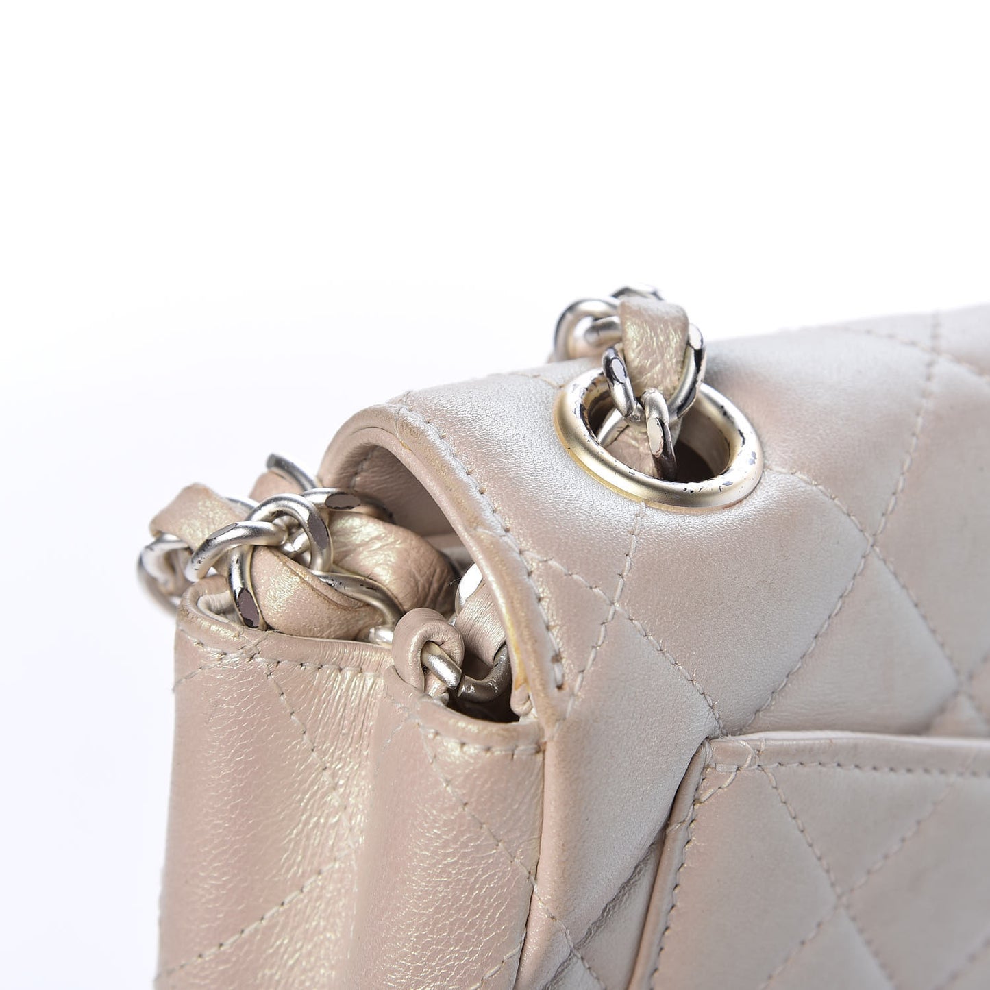 Metallic Lambskin Quilted Extra Mini Rectangular Flap Ivory