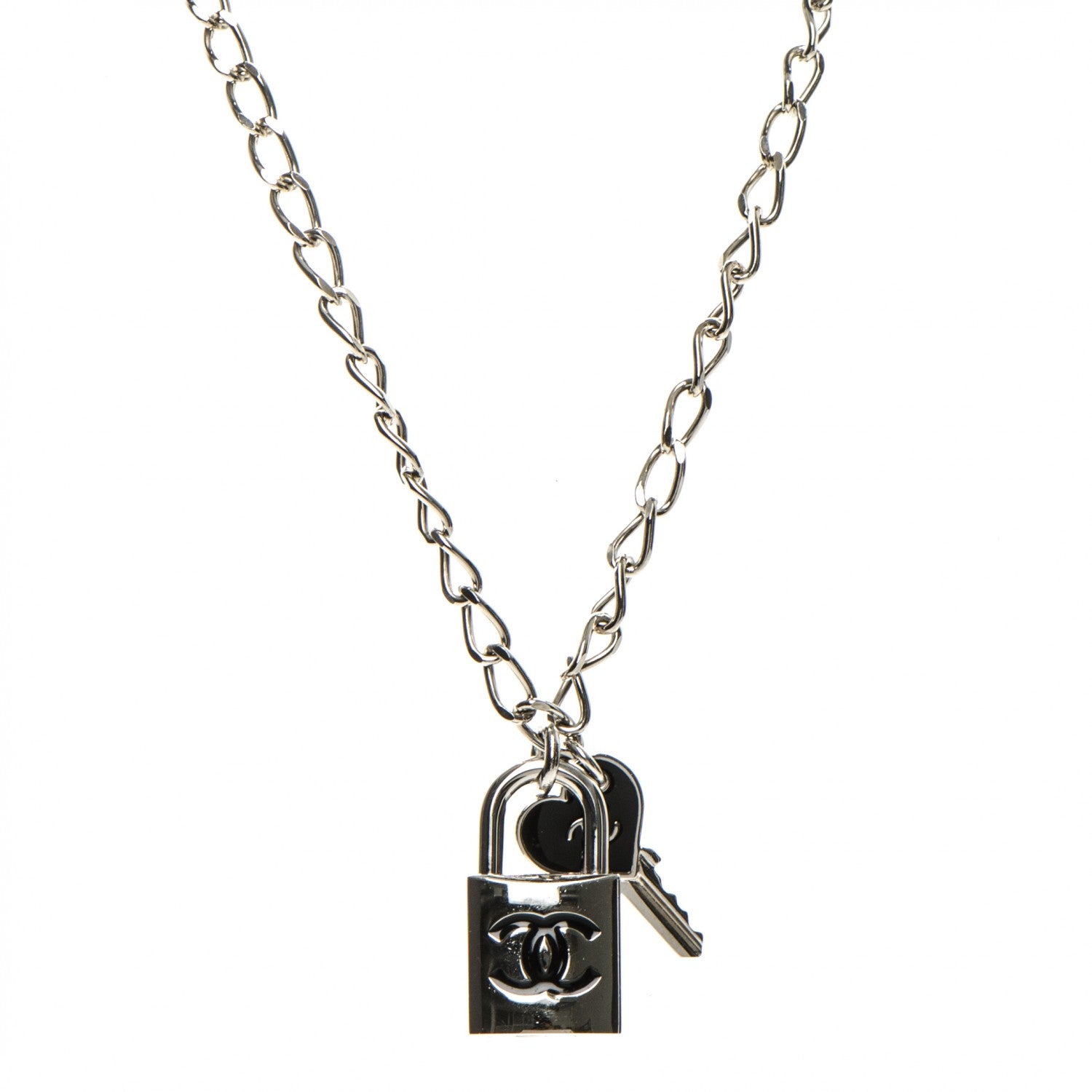 Chanel Enamel CC Padlock Heart Key Necklace Black Silver 179297