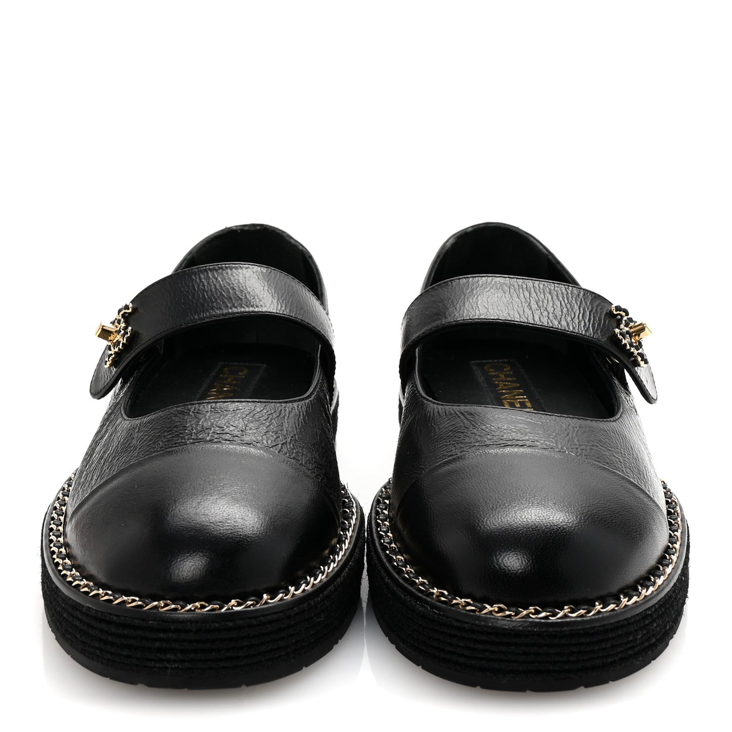 Crumpled Lambskin Cap Toe Chain CC Turnlock Mary Jane Flats 37 Black