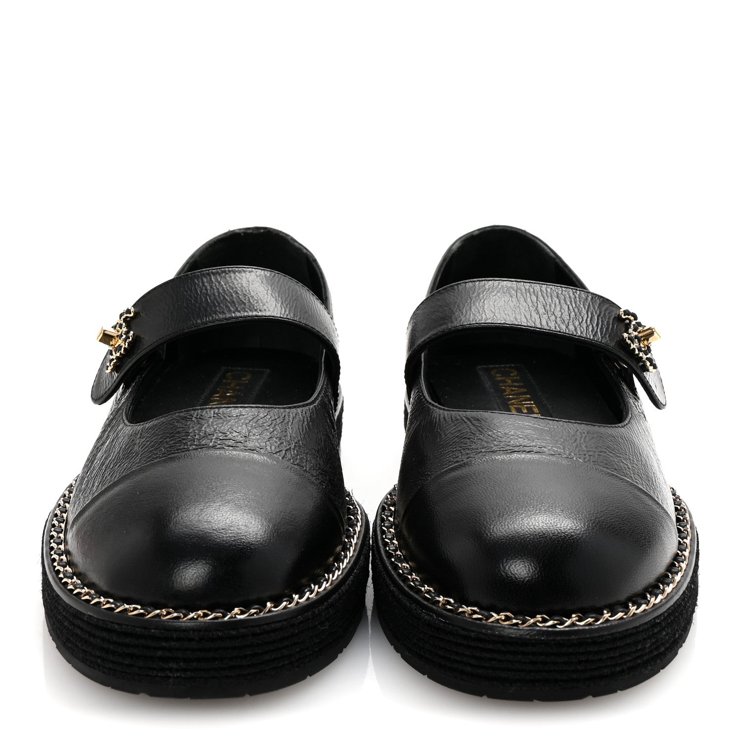 Chanel Crumpled Lambskin Cap Toe Chain CC Turnlock Mary Jane Flats 37 Black 3 of 9