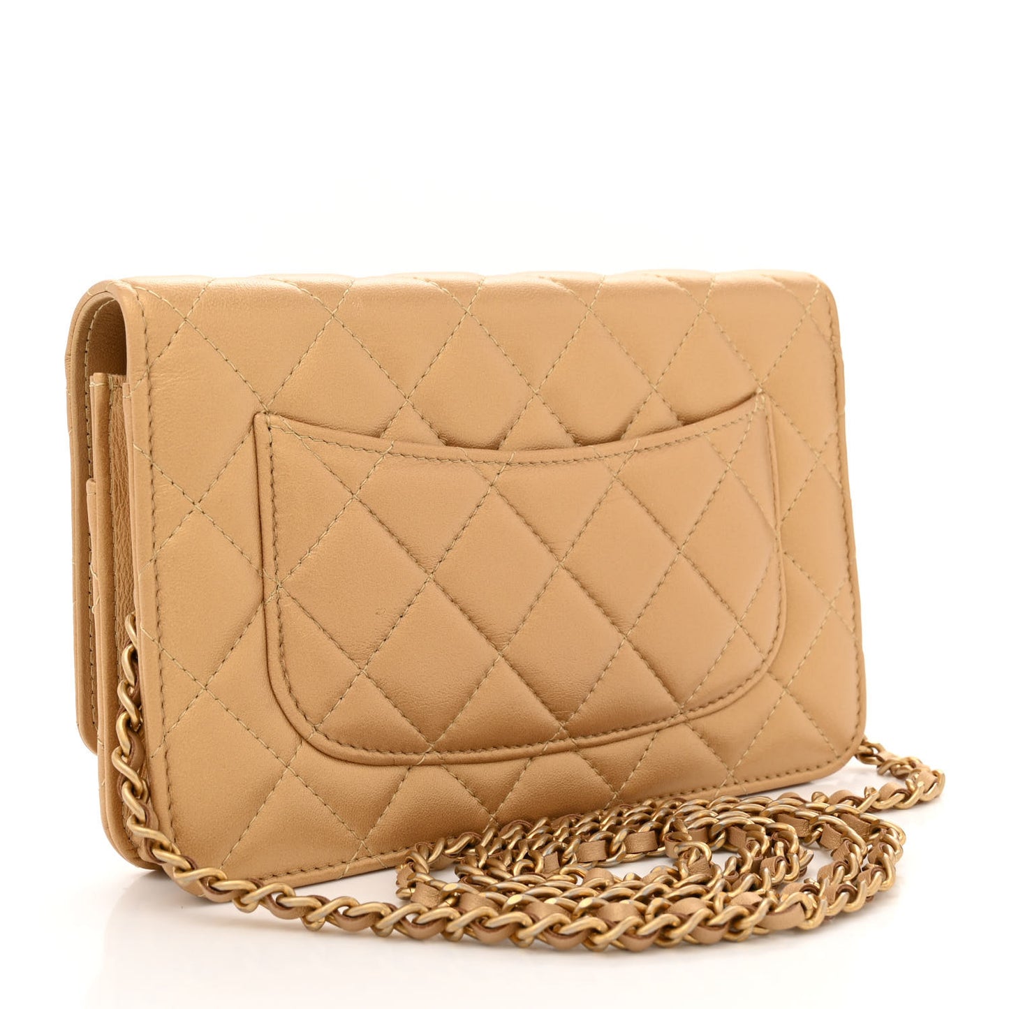 Metallic Lambskin Quilted Enamel Wallet On Chain WOC Gold