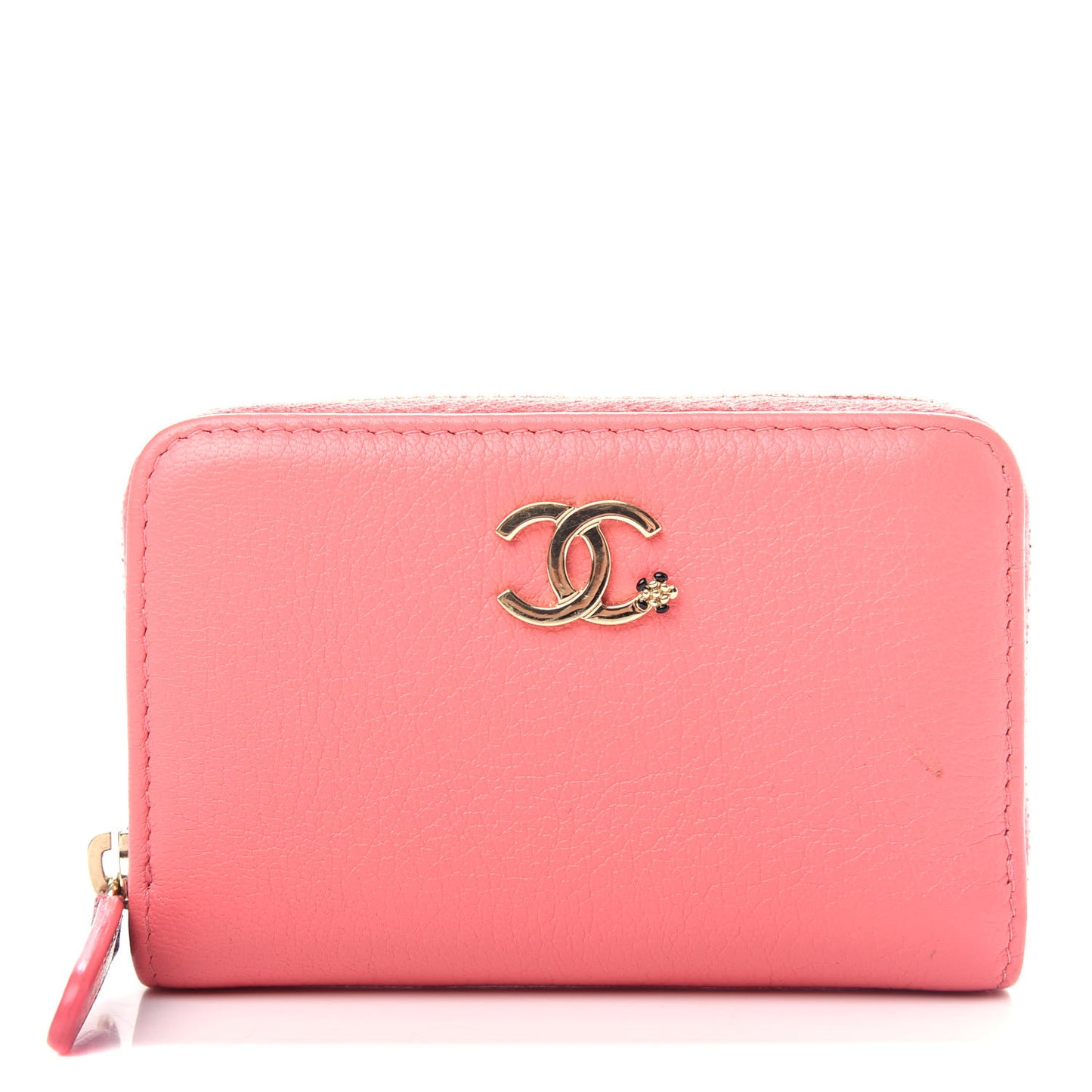 Goatskin Camellia Zip Coin Purse Pink