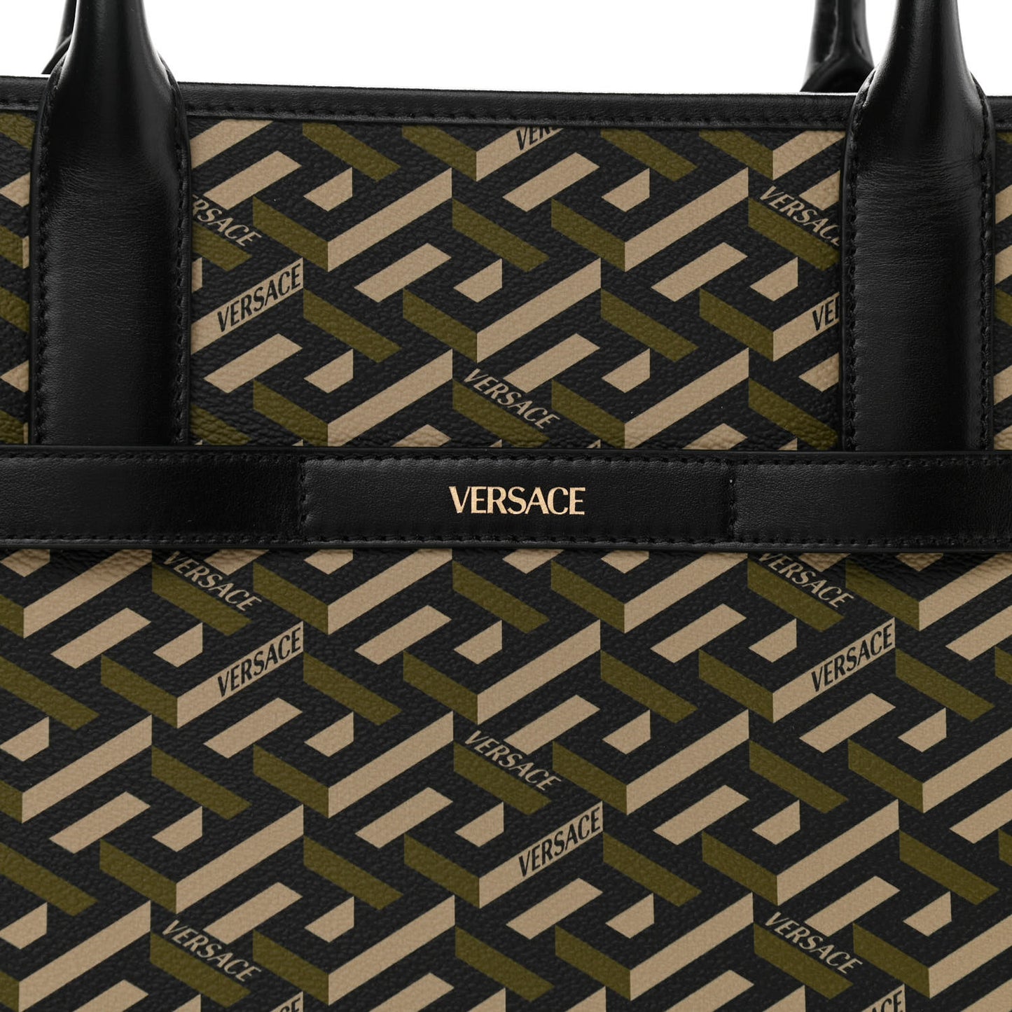 Coated Canvas Calfskin La Greca Signature Tote Bag Black Khaki