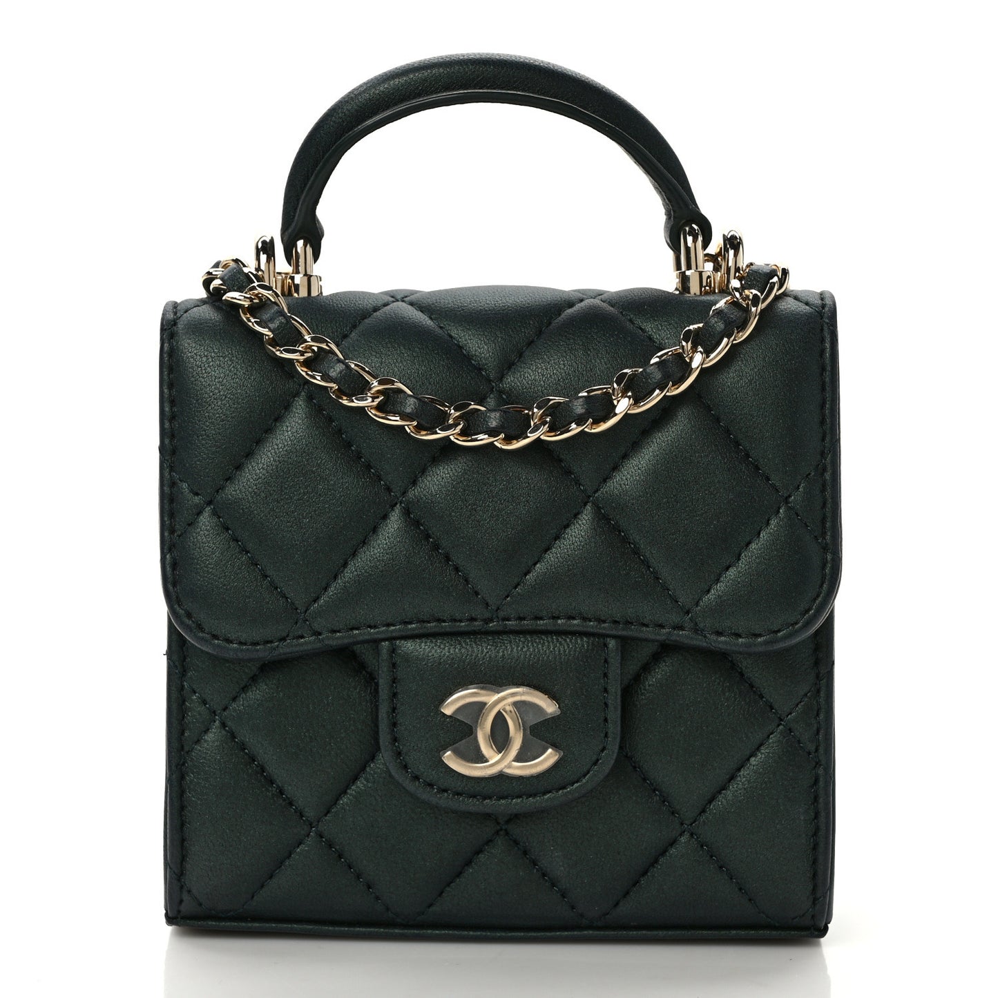 Iridescent Lambskin Quilted Top Handle Flap Clutch With Chain Dark Green