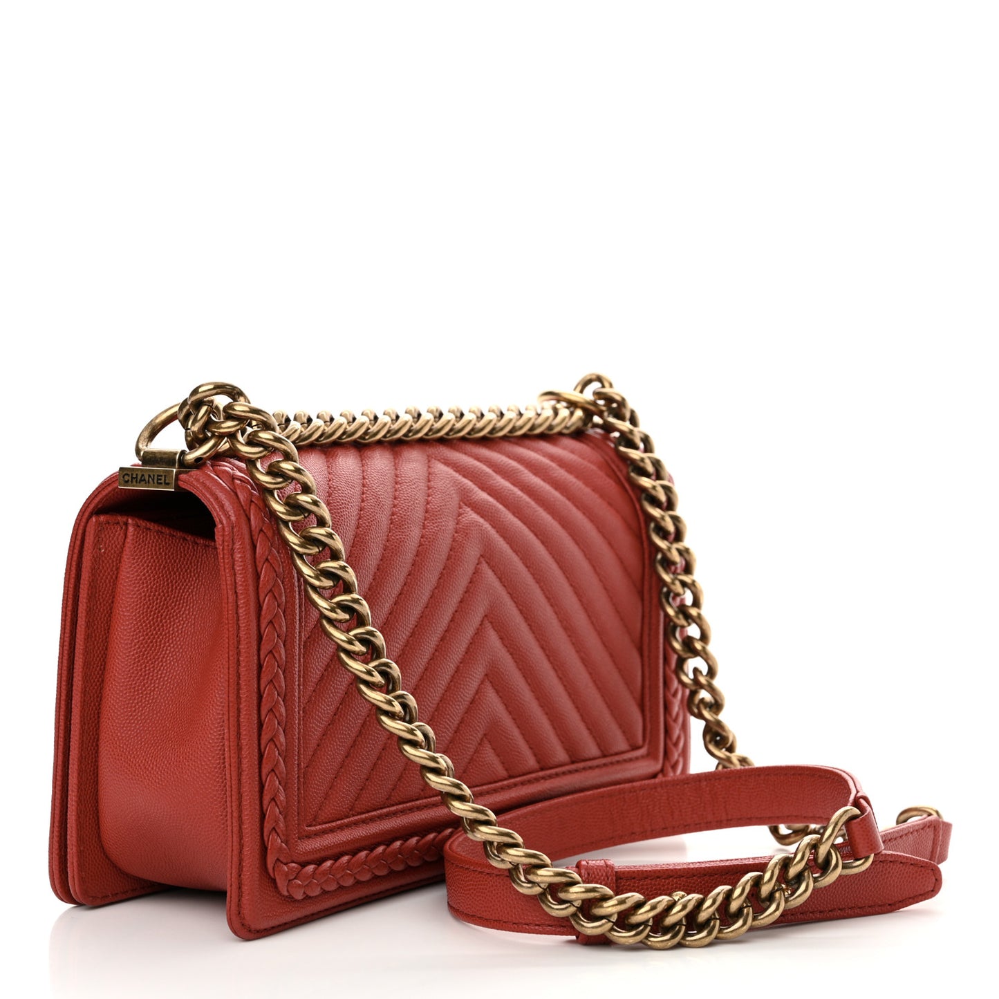 Caviar Chevron Quilted Braided Small Boy Flap Red (TEST SECOND PRODUCT)