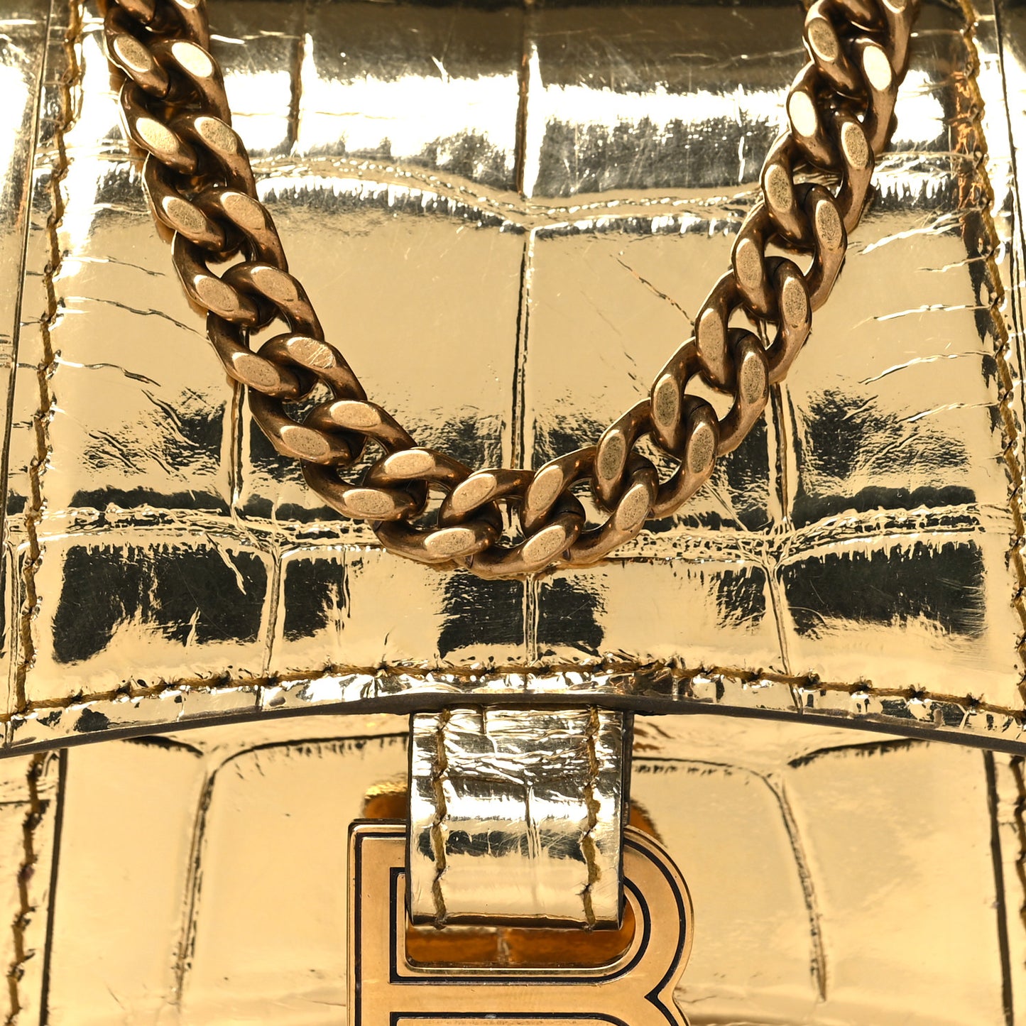 Metallic Calfskin Crocodile Embossed Hourglass Top Handle Bag Mini with Chain Gold