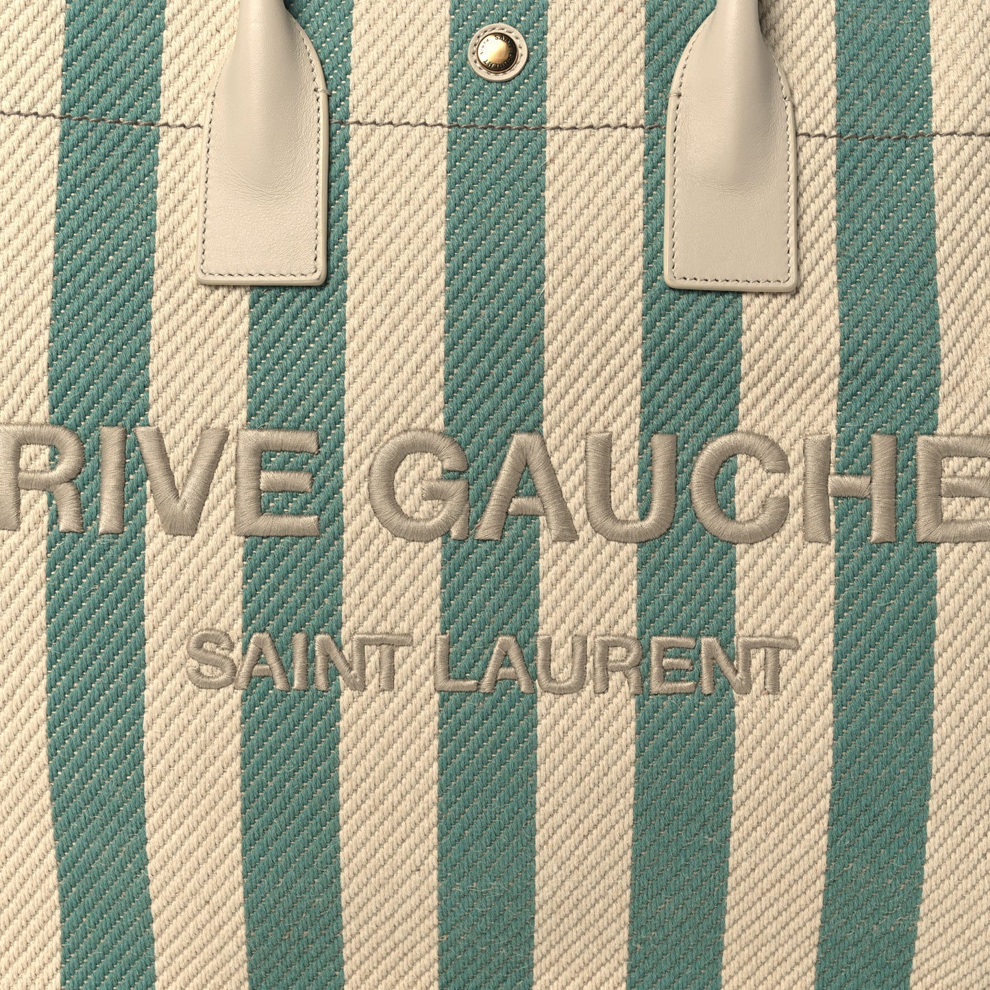 Cotton Linen Calfskin Striped Rive Gauche Tote Water Green