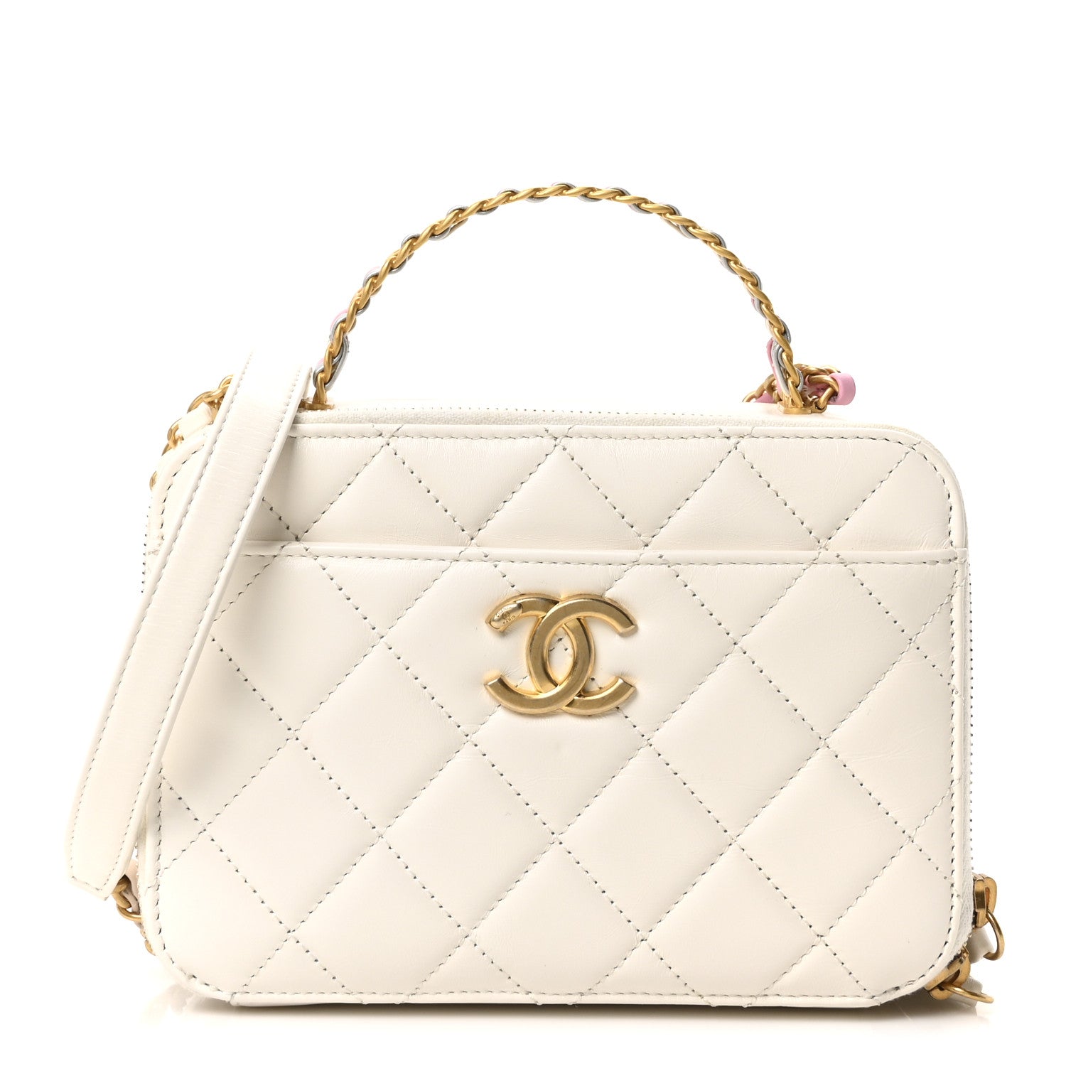 Chanel Shiny Calfskin Quilted Top Handle Vanity Case White 1780646