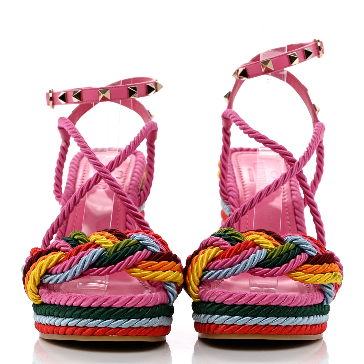 Calfskin Rockstud Ankle Strap Torchon Espadrille 25/115mm Wedge Sandals 37 Feminine Pink Multicolor