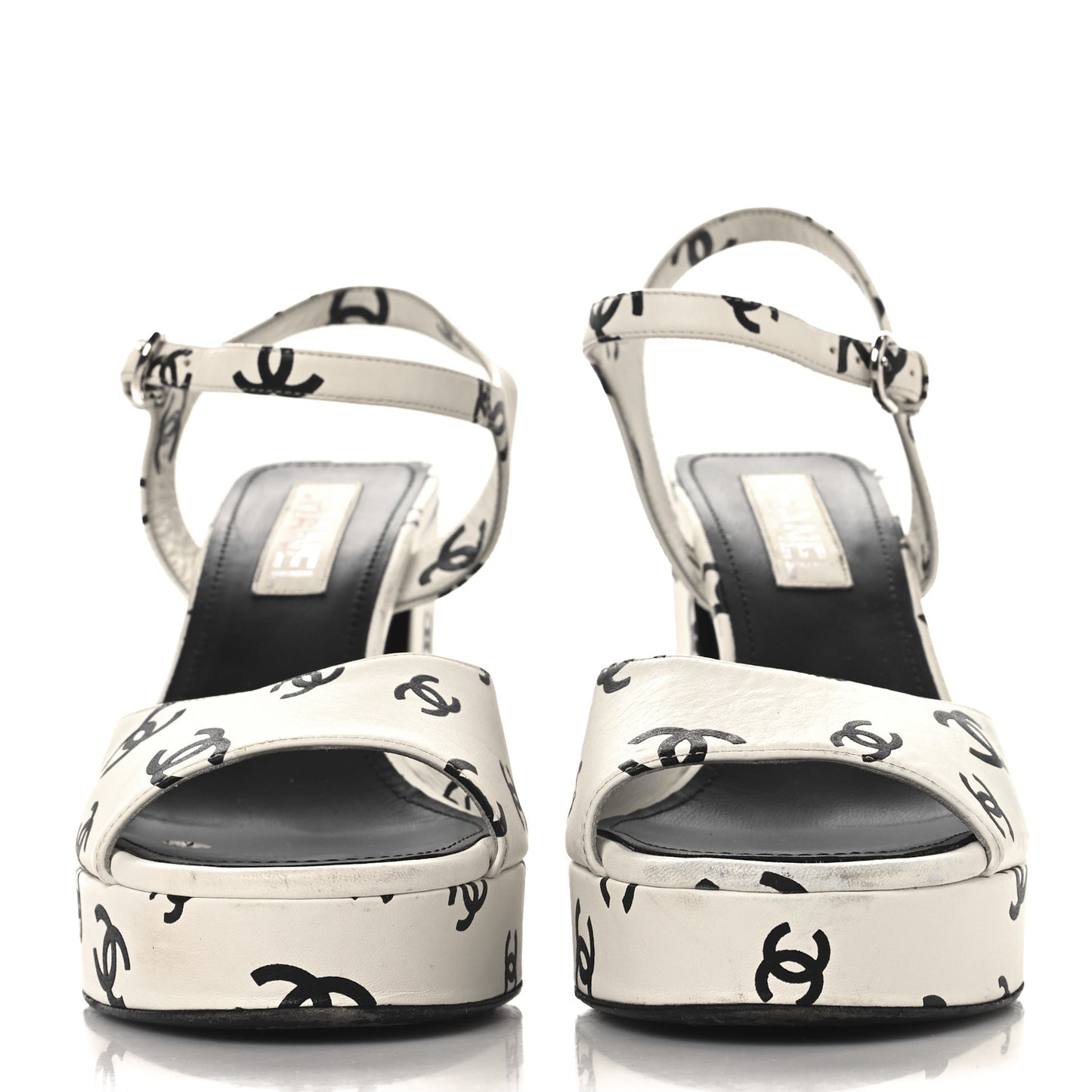 Printed Lambskin CC Platform Sandals 40.5 White Black