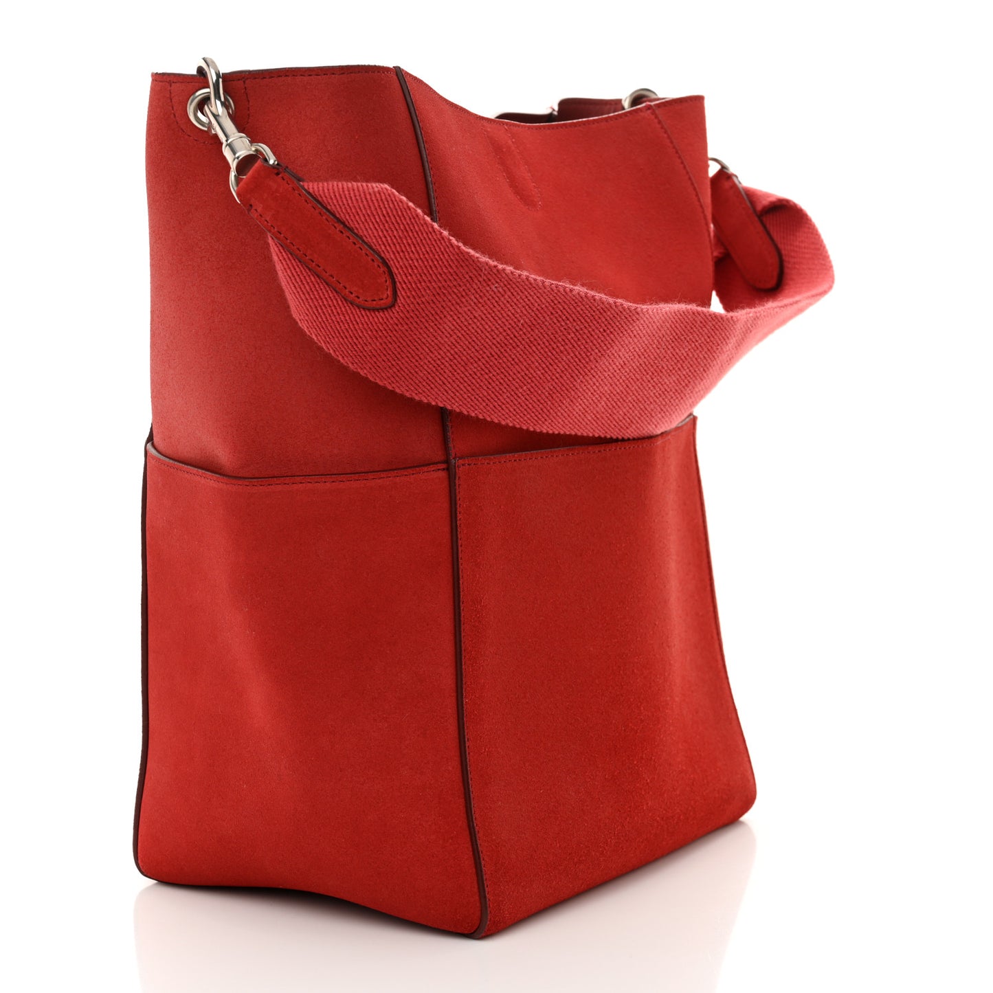 Suede Calfskin Sangle Bucket Bag Red