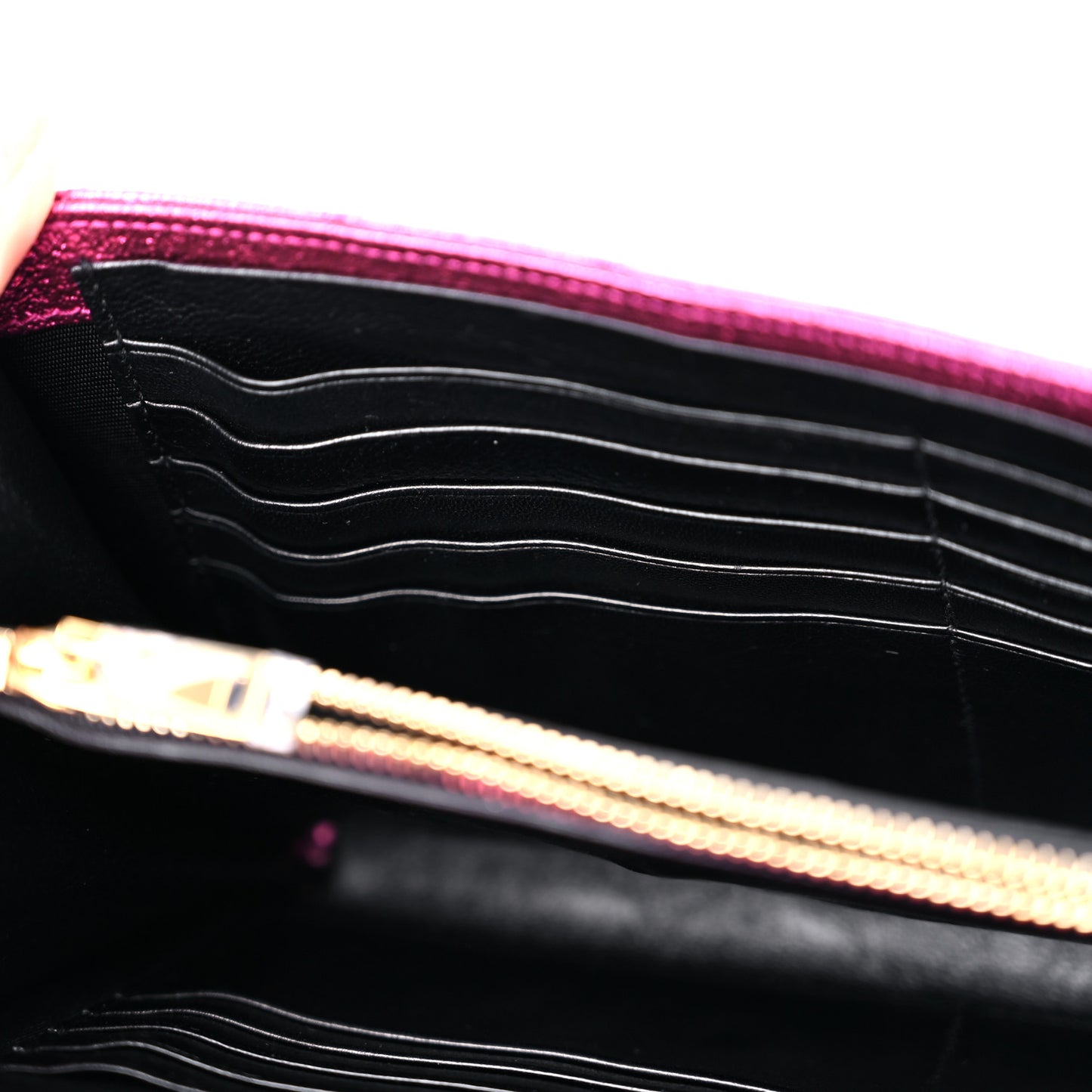Metallic Crackled Calfskin Matelasse Chevron Monogram Chain Wallet Fuchsia