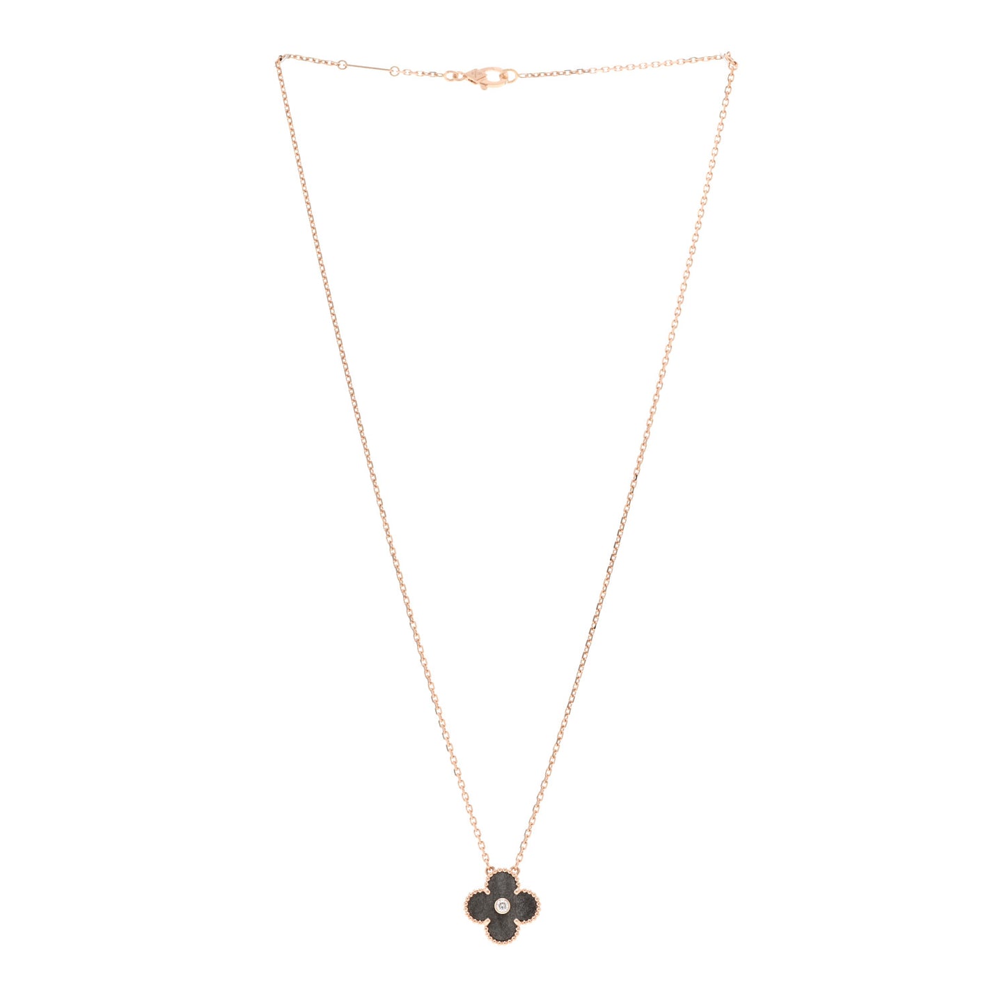 18K Rose Gold Diamond Silver Obsidian Vintage Alhambra Pendant Necklace